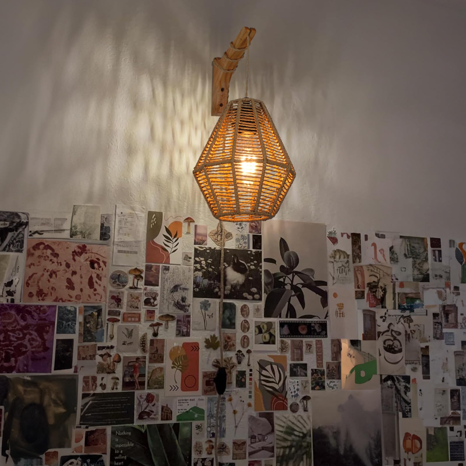 YIIZON Rattan Wall Sconce Lighting with Plug-in Cord & Switch, Diamond Shaped Design, Hemp Rope Cage, Bulb Included - Ideal for Bedroom & Living Room