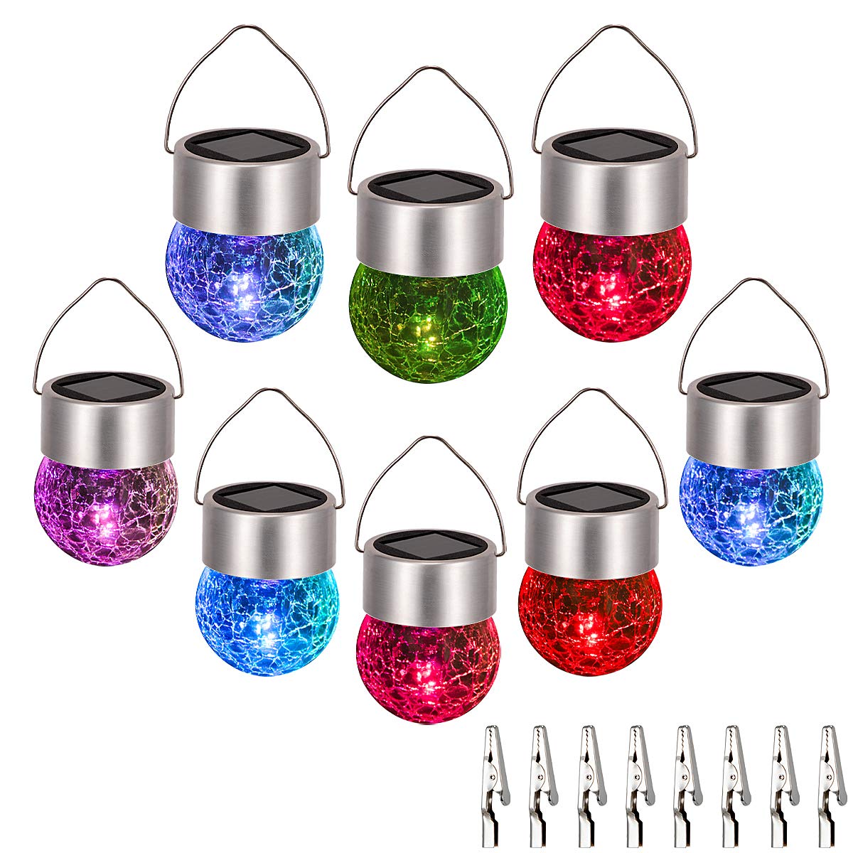 SUNWIND Hanging Solar Ball Lights Outdoor - 8 Pack Auto Color Changing Cracked Glass Decorative Garden Lights Hanging Solar Lant