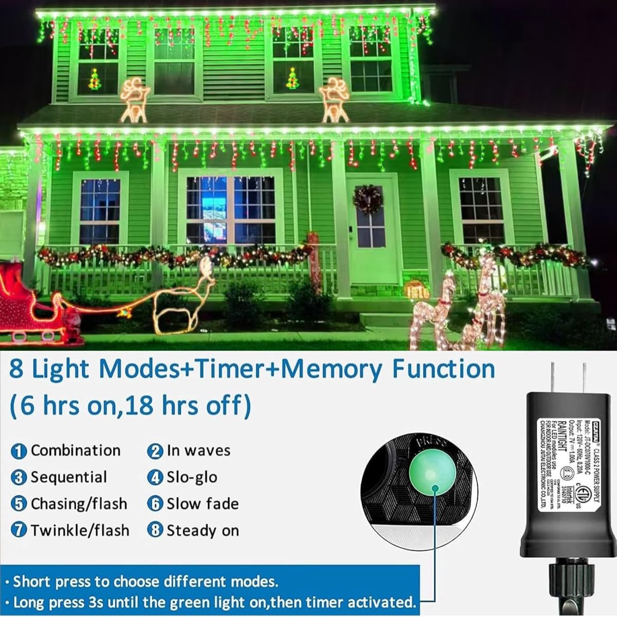 YEGUO 33ft Icicle String Lights - 400 LED Red and Green Waterproof, 8 Modes with Memory Timer