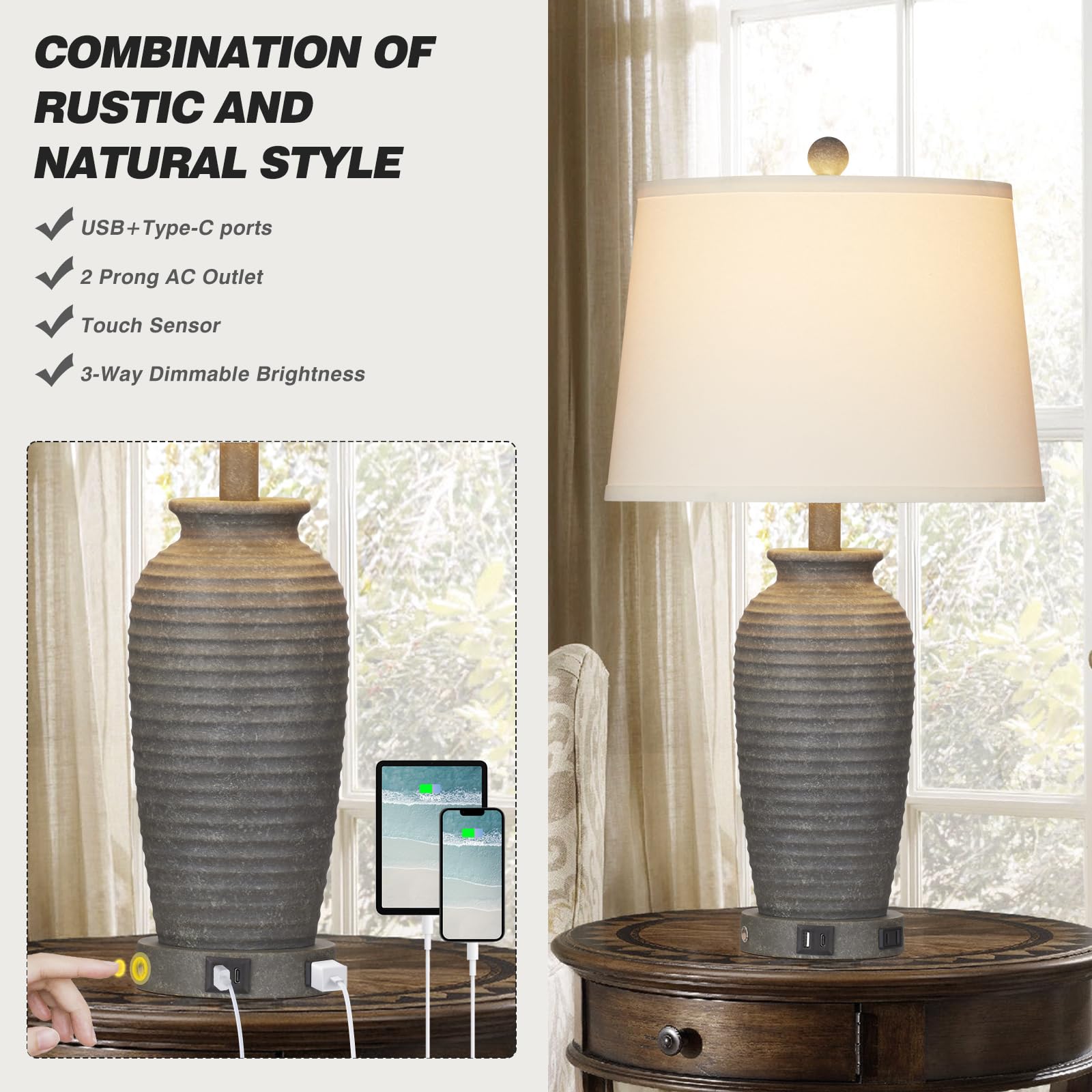 25 Farmhouse Jar Table Lamps, 3 Way Touch Control Rustic Bedside Lamps With Usb A+C Ports & Ac Outlet, Pot Nightstand Lamps For