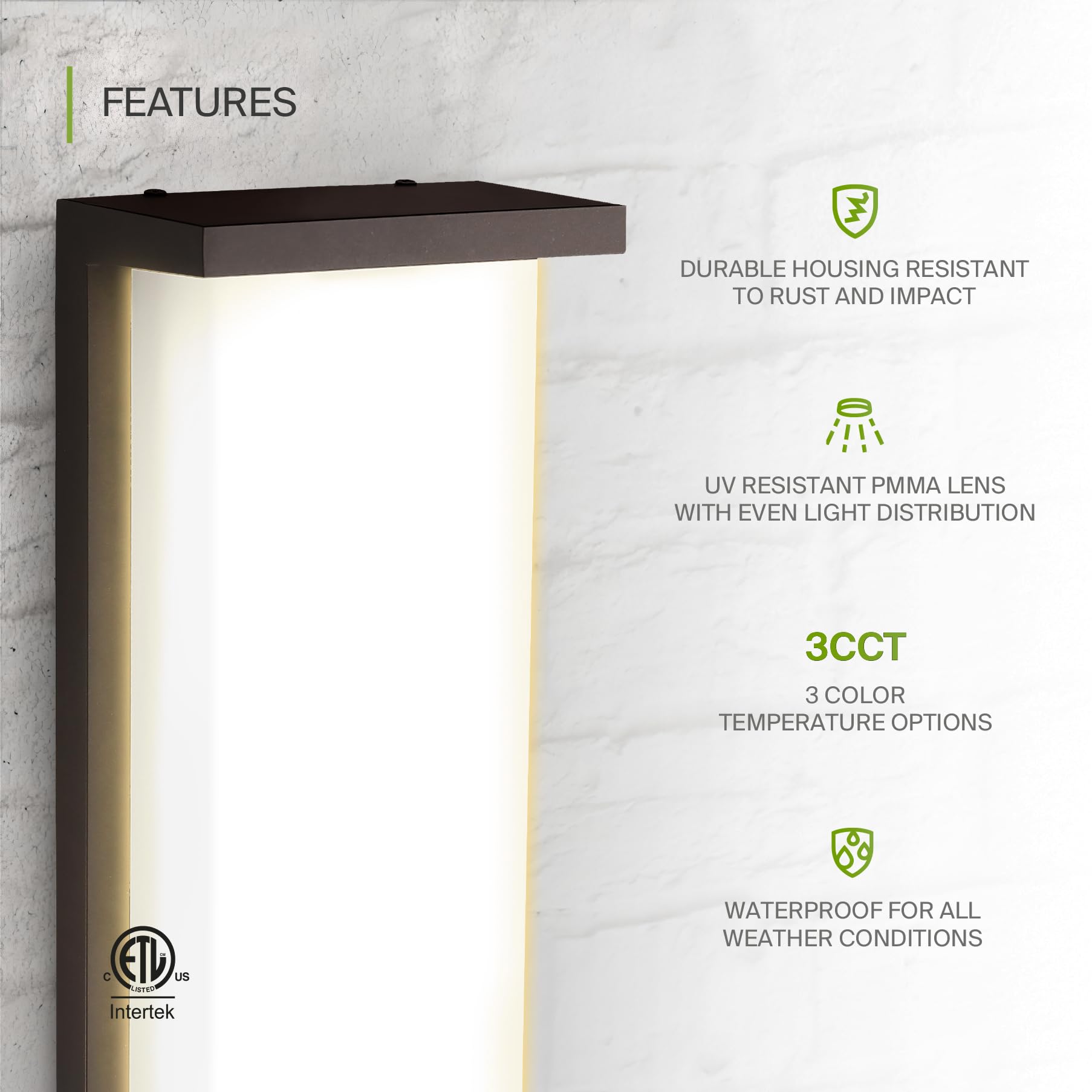 Asd Led 14'' Outdoor Wall Light, Front Door House Sconce | 3Cct, Dimmable, Waterproof, Etl Listed | 20W 1900Lm 3000-5000K 120V |