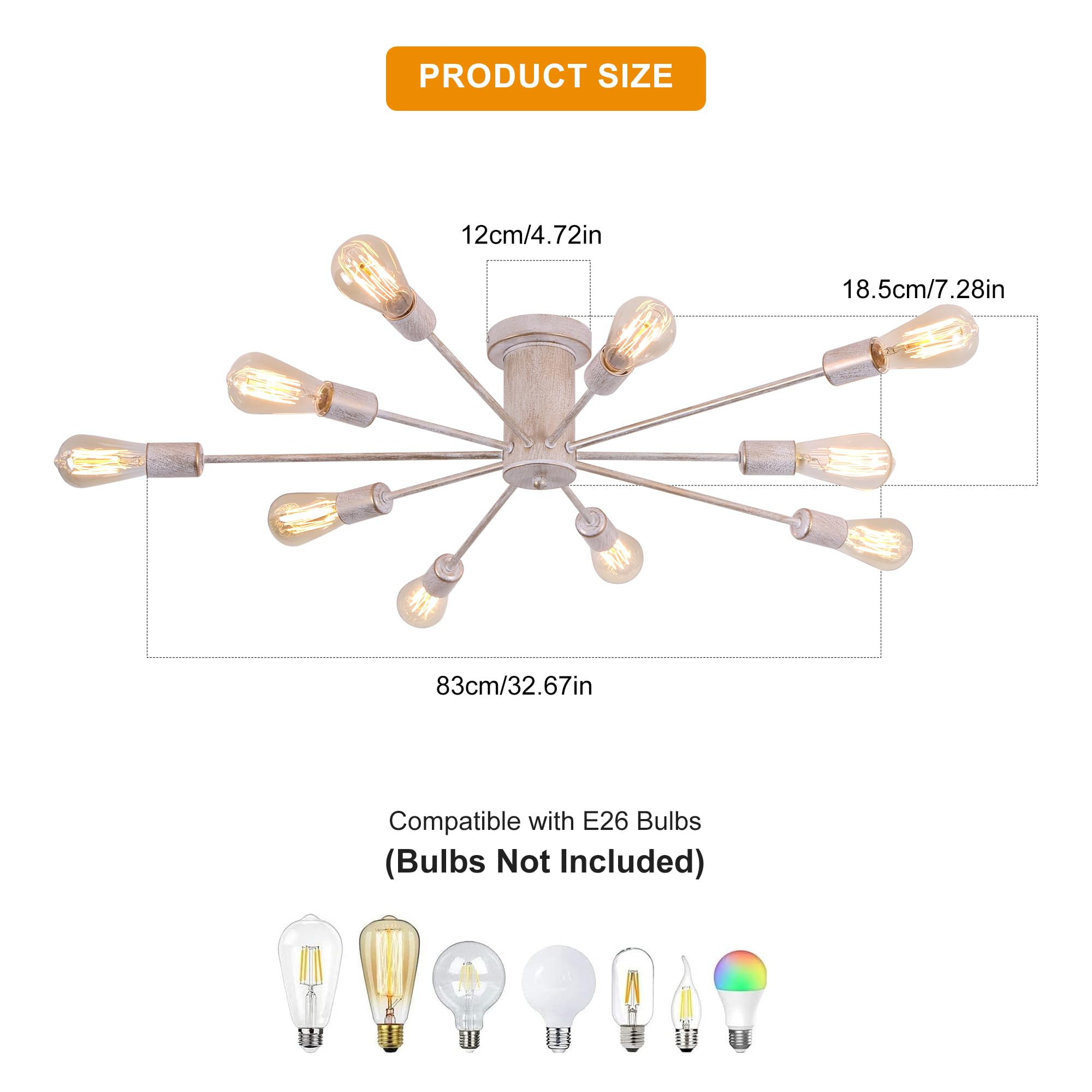 Garwarm Modern Sputnik Chandelier Ceiling Light Fixtures,10-Lights Mid Century Industrial Metal Semi Flush Mount Ceiling Lights