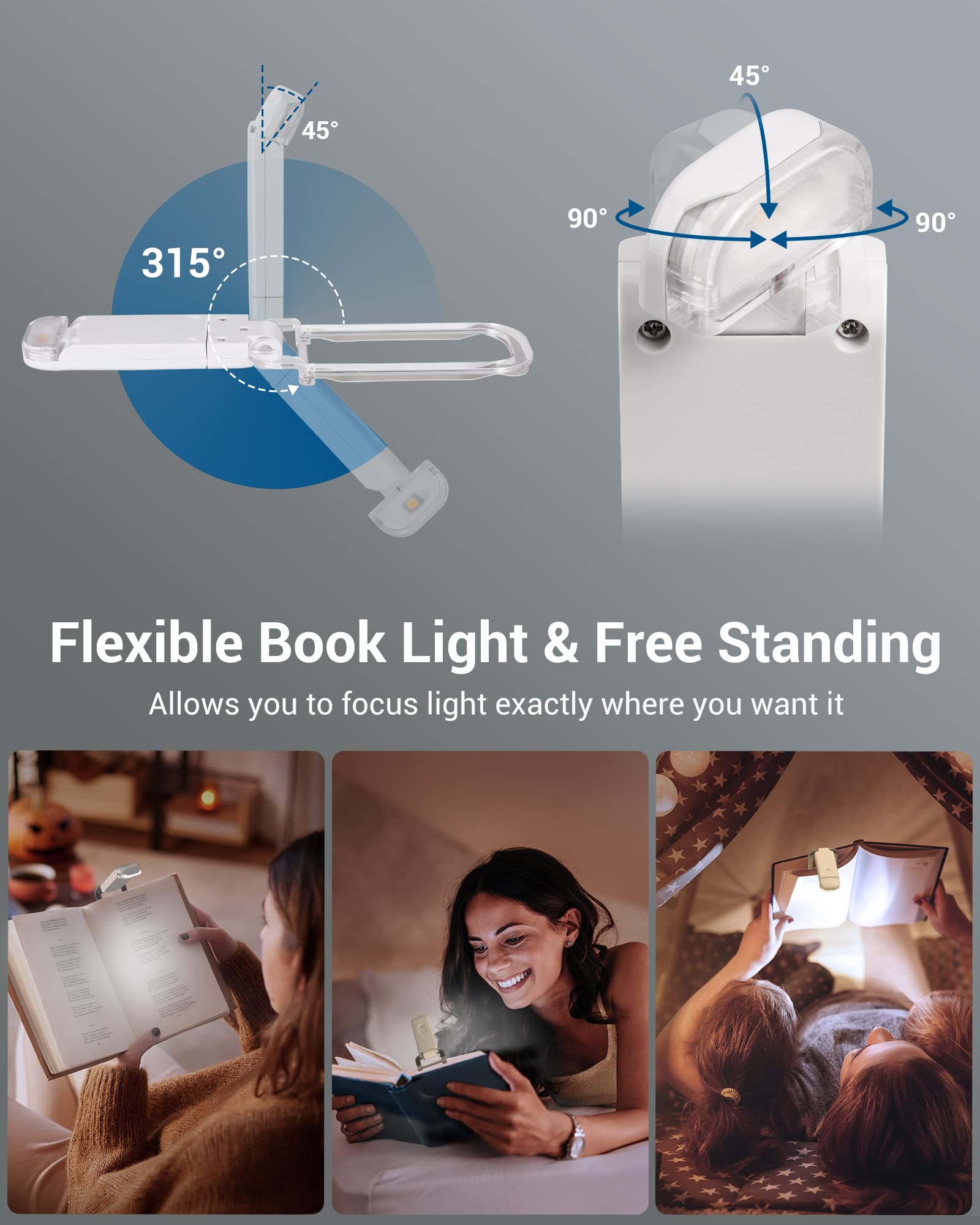 Dewenwils Led Book Light - Usb Rechargeable, Daylight Color, Eye Care, 2 Brightness Levels, Ideal For Kids And Bookworms