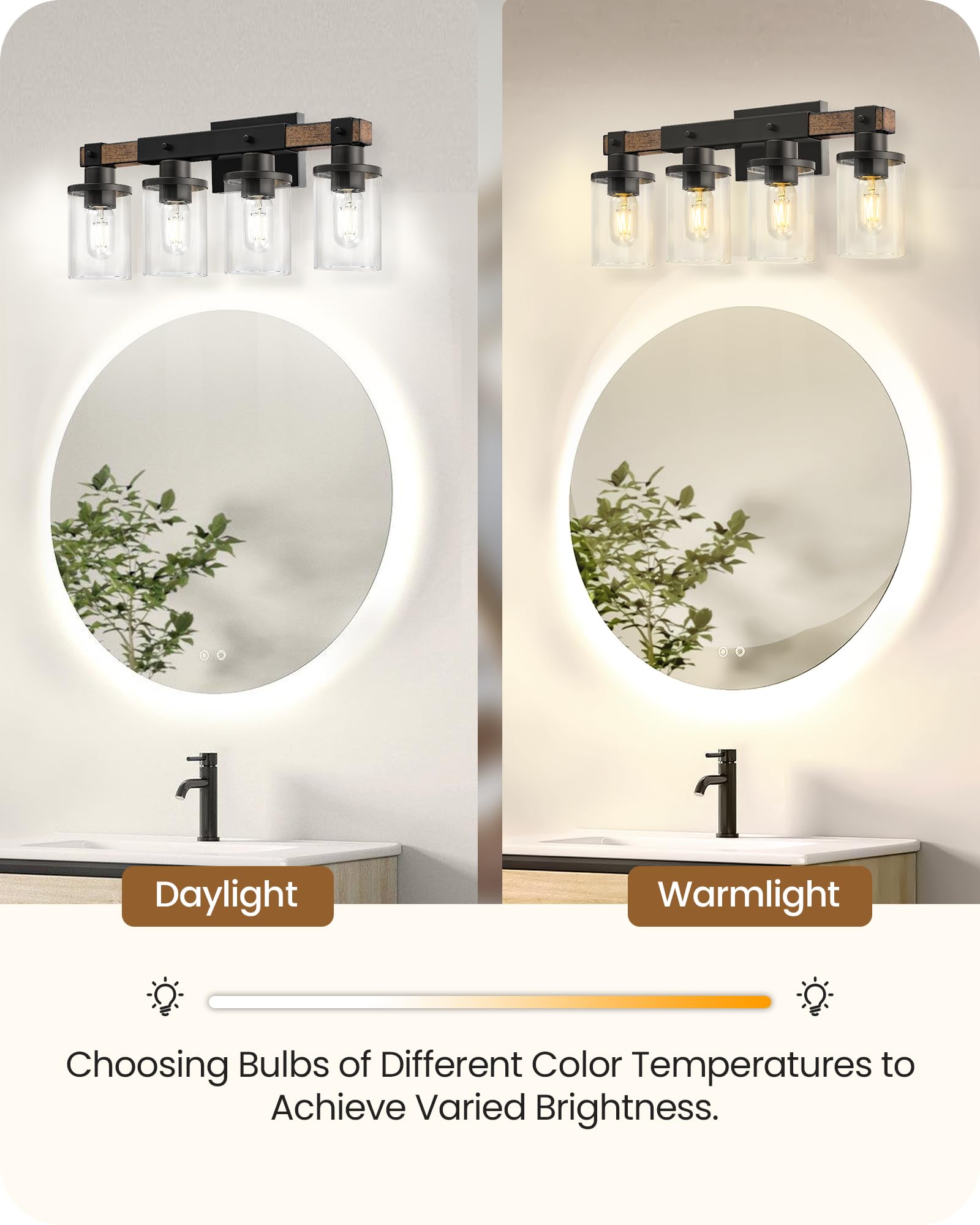 Goebleson 4-Light Rustic Bathroom Light Fixture, Farmhouse Vanity Lights With Glass Shade