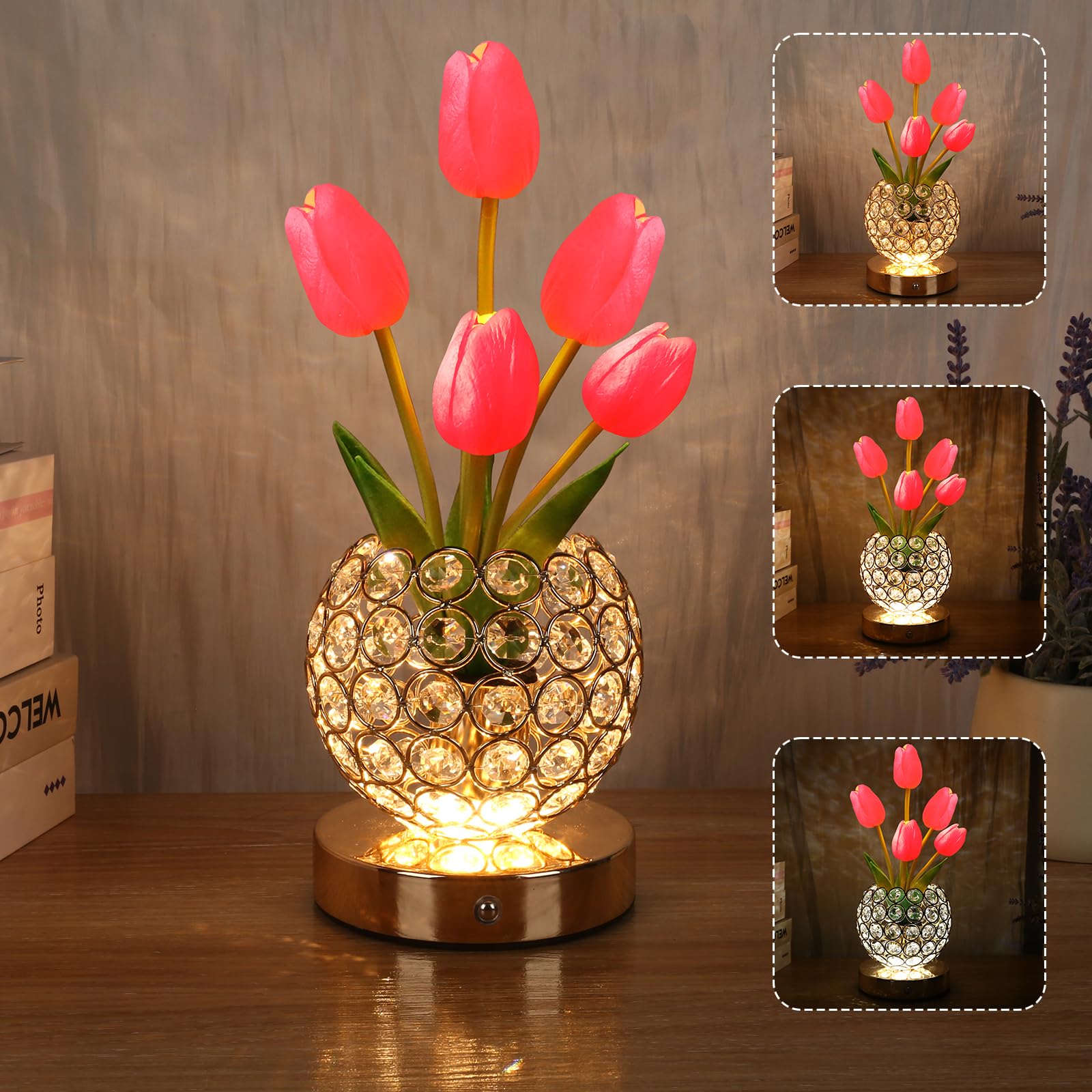 Mothers Day Gifts/Birthday Gifts For Women/Mom Table Lamp, 3 Color Crystal Flower Bedside Lamps Infinitely Dimming With Usb Char