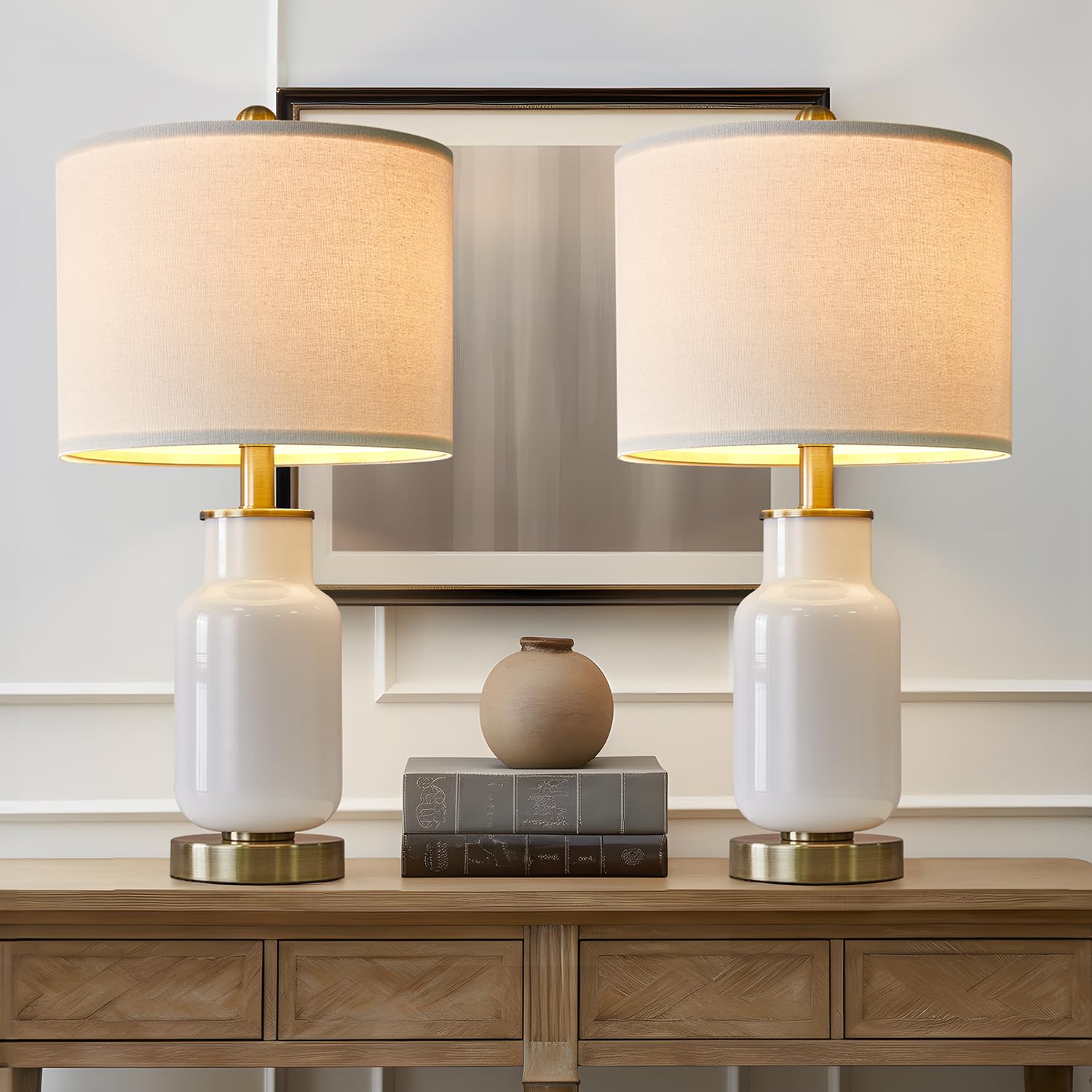 USumkky 21.25'' Table Lamp Set of 2 Modern Lamp for Living Room Glass Nightstand Lamp for bedrooms,Desk,Farmhouse (Milky White)