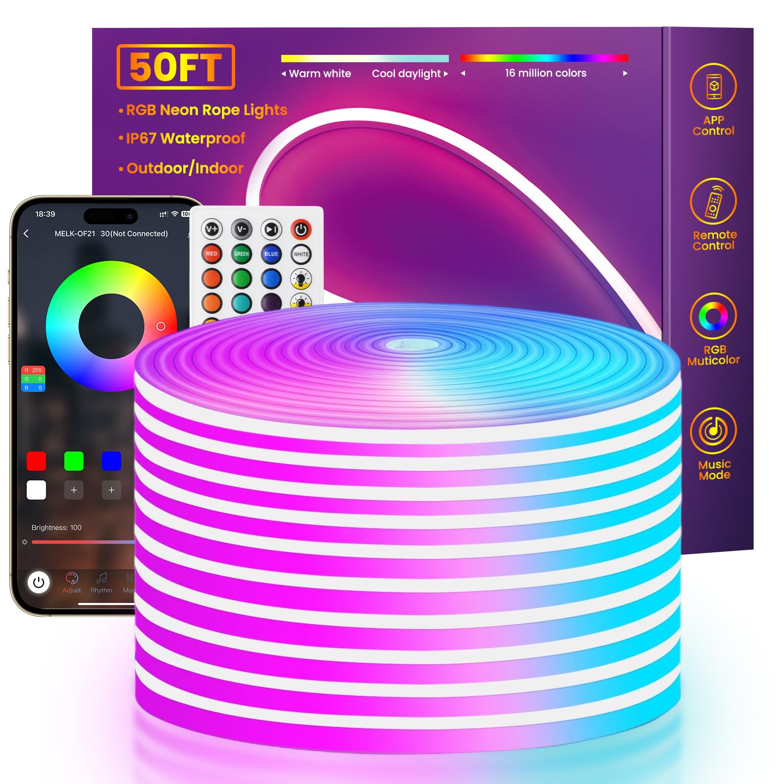 Led Neon Rope Lights 50Ft,Music Sync Rgb Flexible Neon Rope Lights Color Changing,Control With App/Remote,Multiple Modes,Ip67 Waterproof Neon Strip Lights For Bedroom Outdoors Indoor (50Ft)