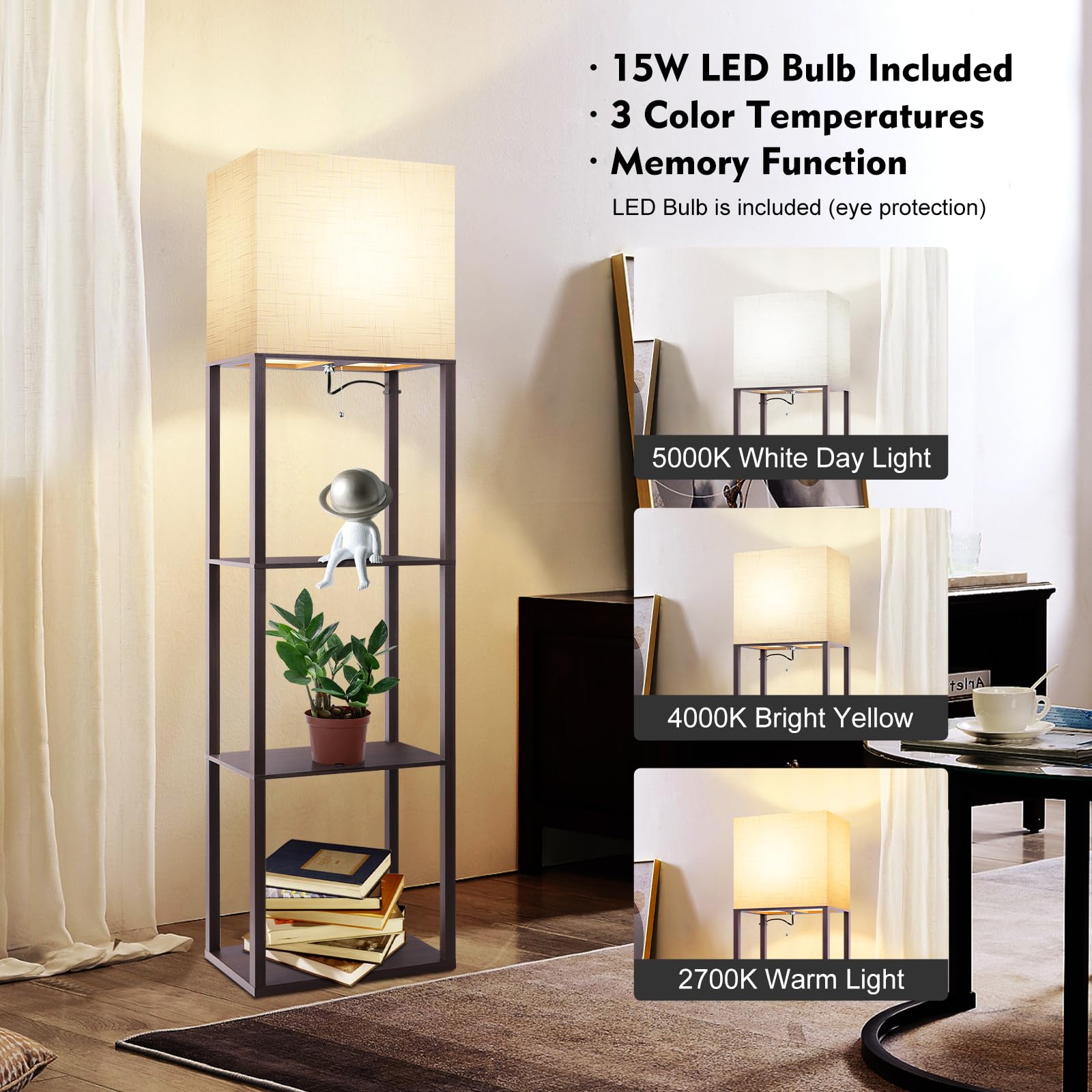 Runtop Plus Floor Lamp With Shelves, 15W Led, 3 Color Temperatures, Walnut Wood Design