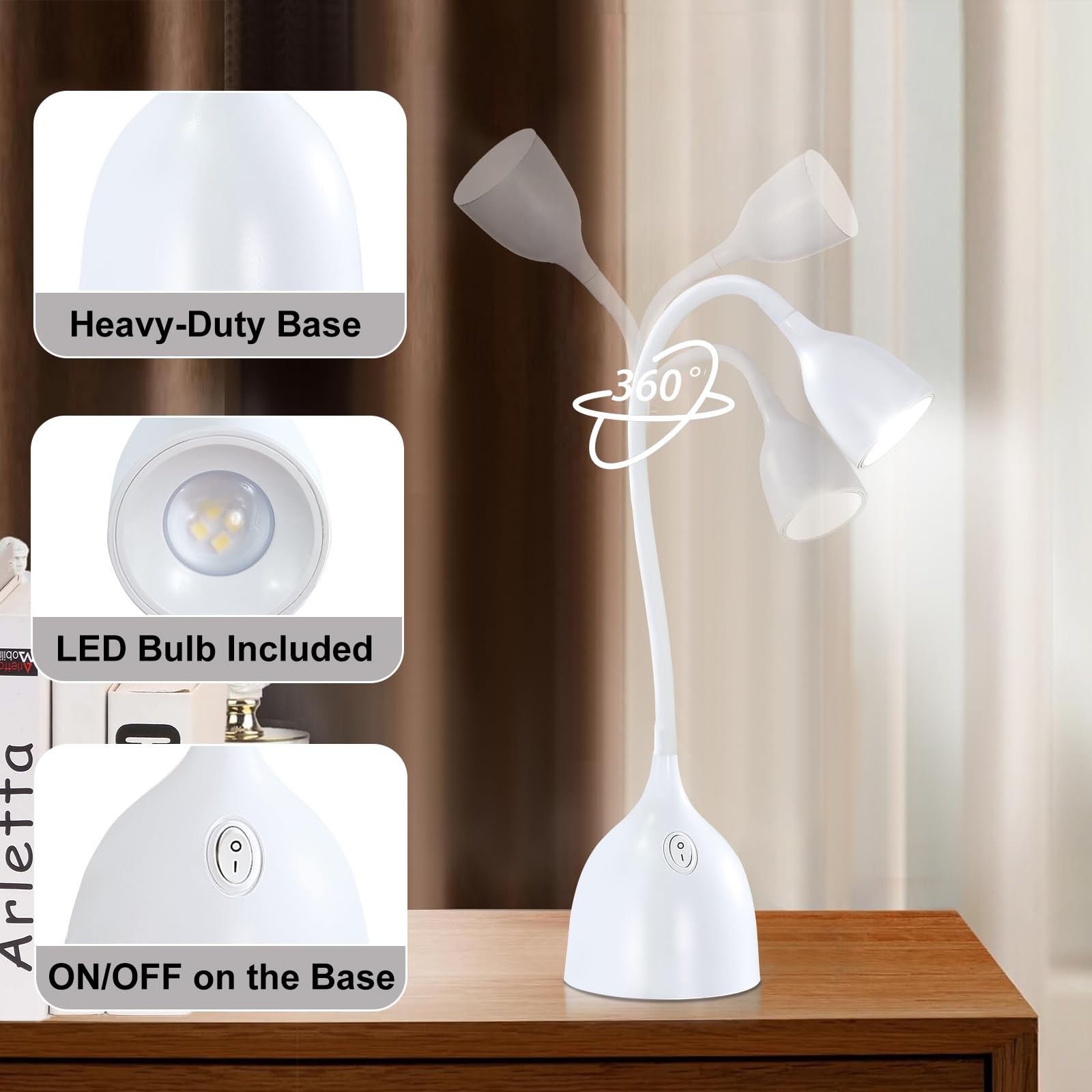 Ejiaxin White Led Desk Lamp, Adjustable Gooseneck, Eye-Caring Light For Home & Office