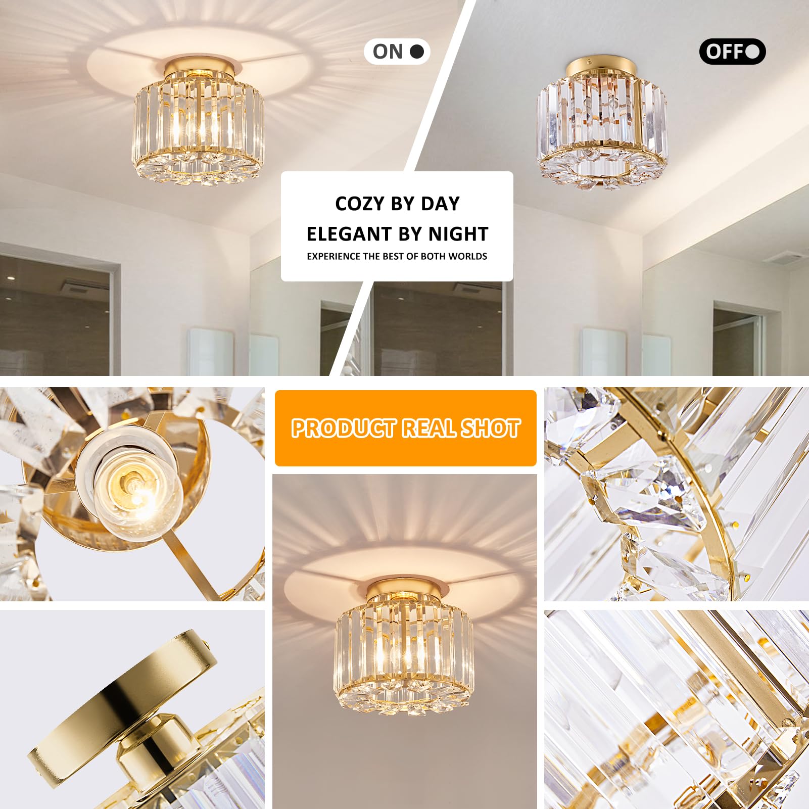 Xieyor Elegant Gold Crystal Chandelier - Modern Semi Flush Mount Ceiling Light Fixtures For Hallway, Kitchen, Bedroom, Living Room, And More