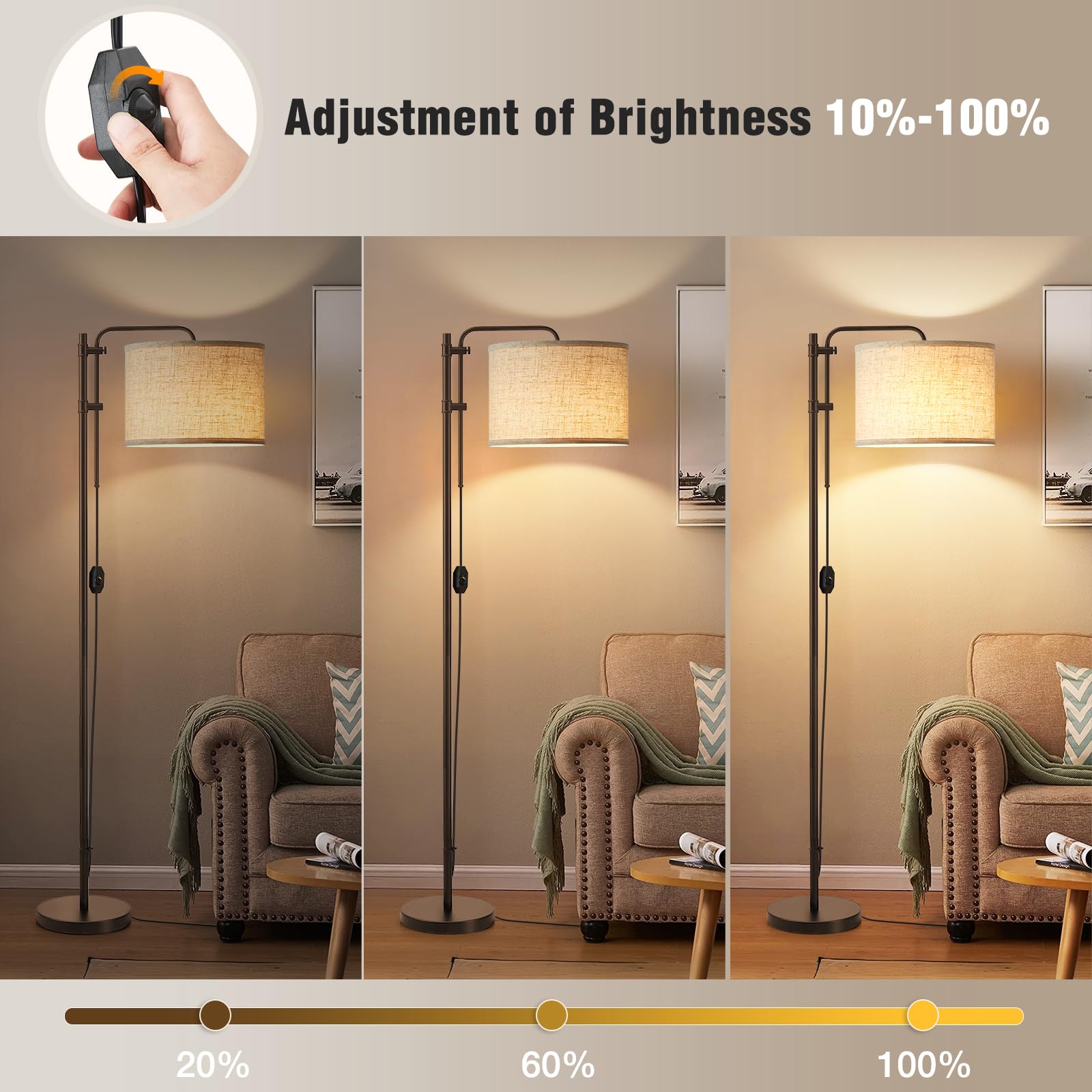 Floor Lamp For Living Room, Adjustable Height Standing Lamps With 350 Rotate Linen Lampshade, 67.5-Inch Brown Modern Tall Lamp D