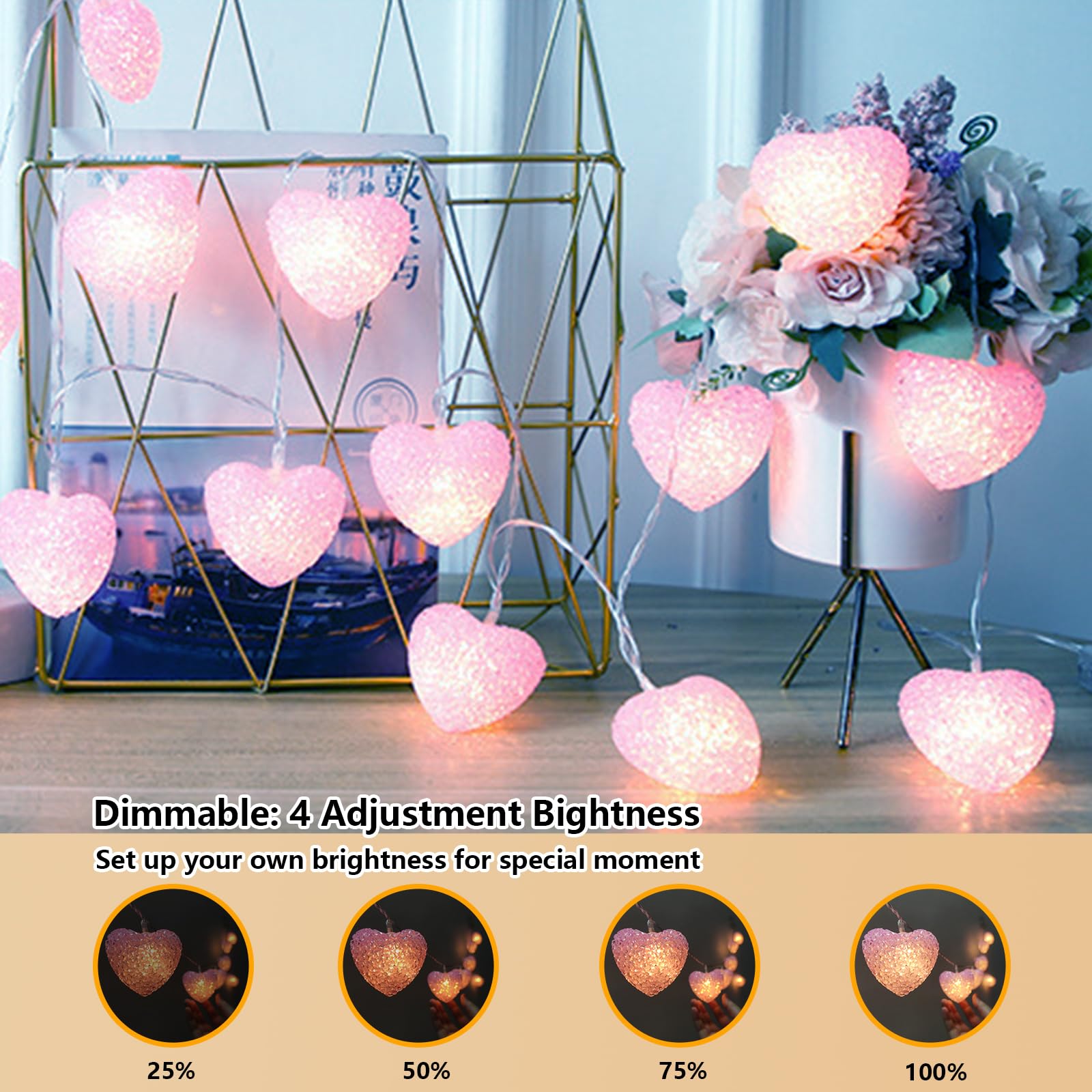 Valentines Heart String Lights Battery Operated 6.8Ft 10 LED Shatterproof Pink Heart Lights with Remote Timer, Indoor Outdoor He