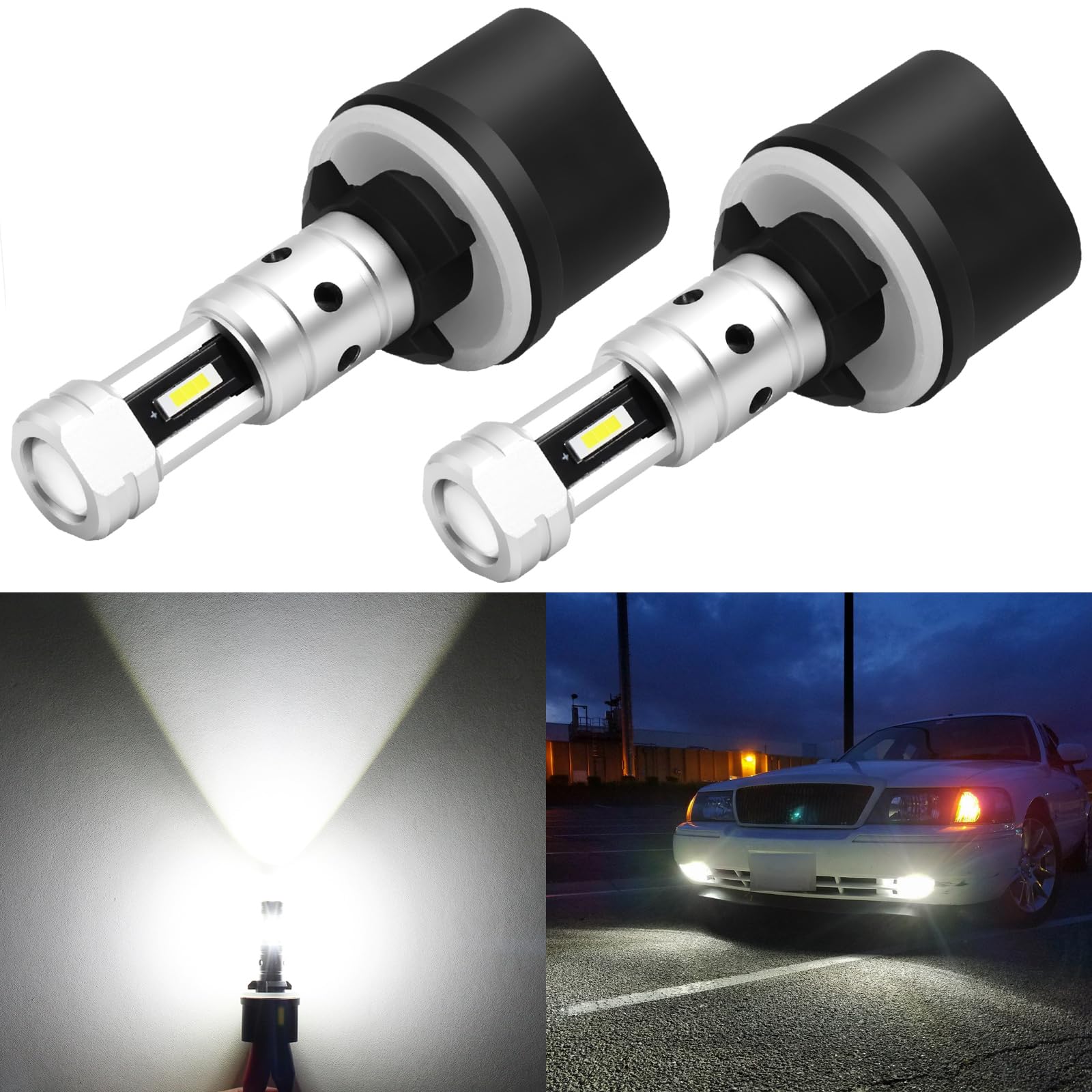 PHINLION 880 LED Fog Light Bulbs, 3800 Lumens, Non-polarity, 6000K Xenon White, Pack of 2, Aluminum