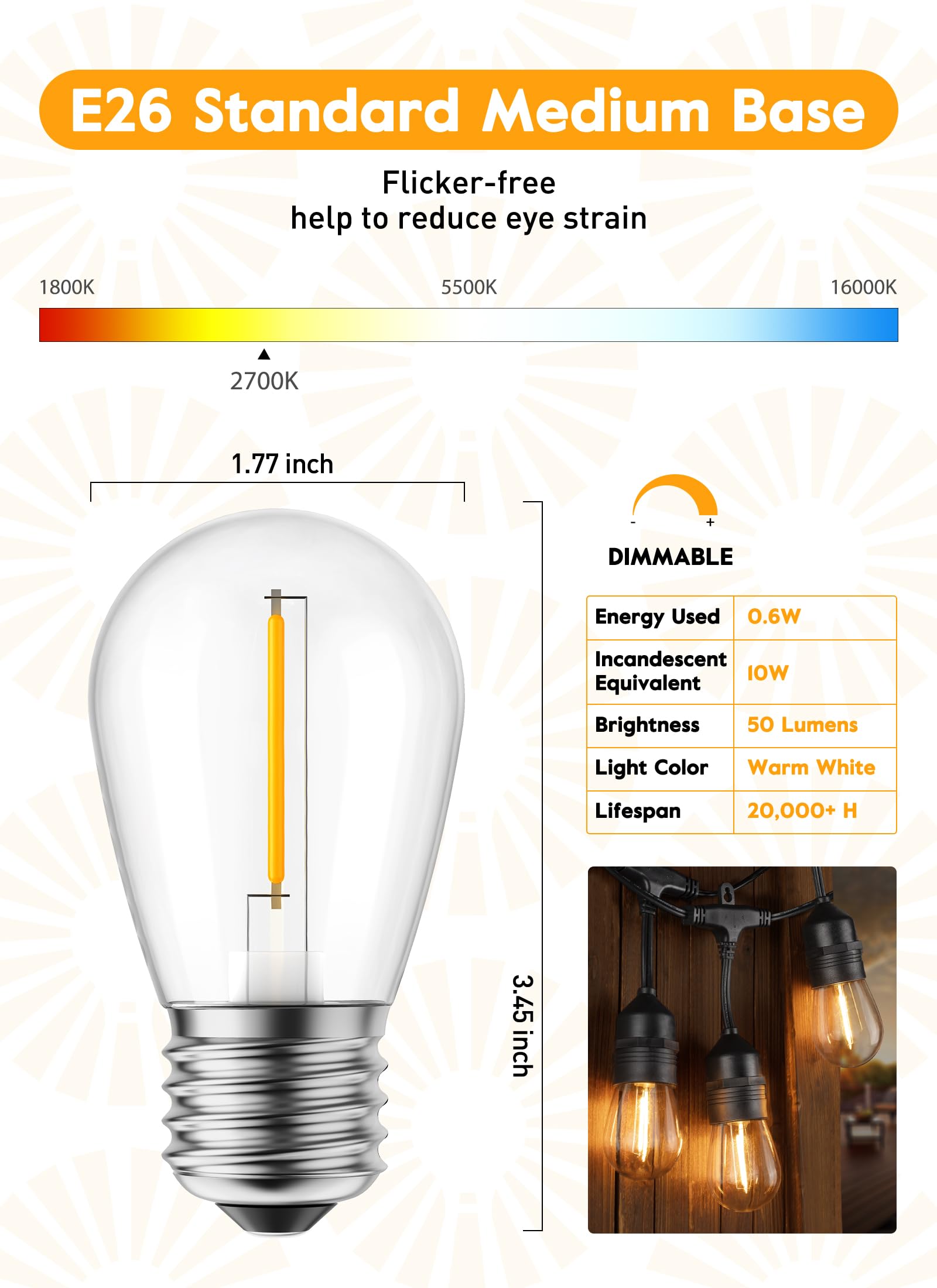 Minetom S14 LED Replacement Bulbs, 25 Pack, Warm White, Dimmable, Shatterproof, E26 Base, 0.6W Equivalent to 11W Incandescent