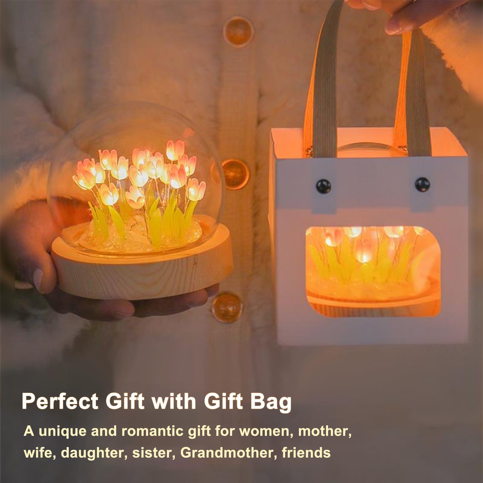 GUIGUZHJ Tulip Night Light - Pink Battery-Powered Flower Lamp with Glass Shade & Wooden Base - Ideal Gift for Women