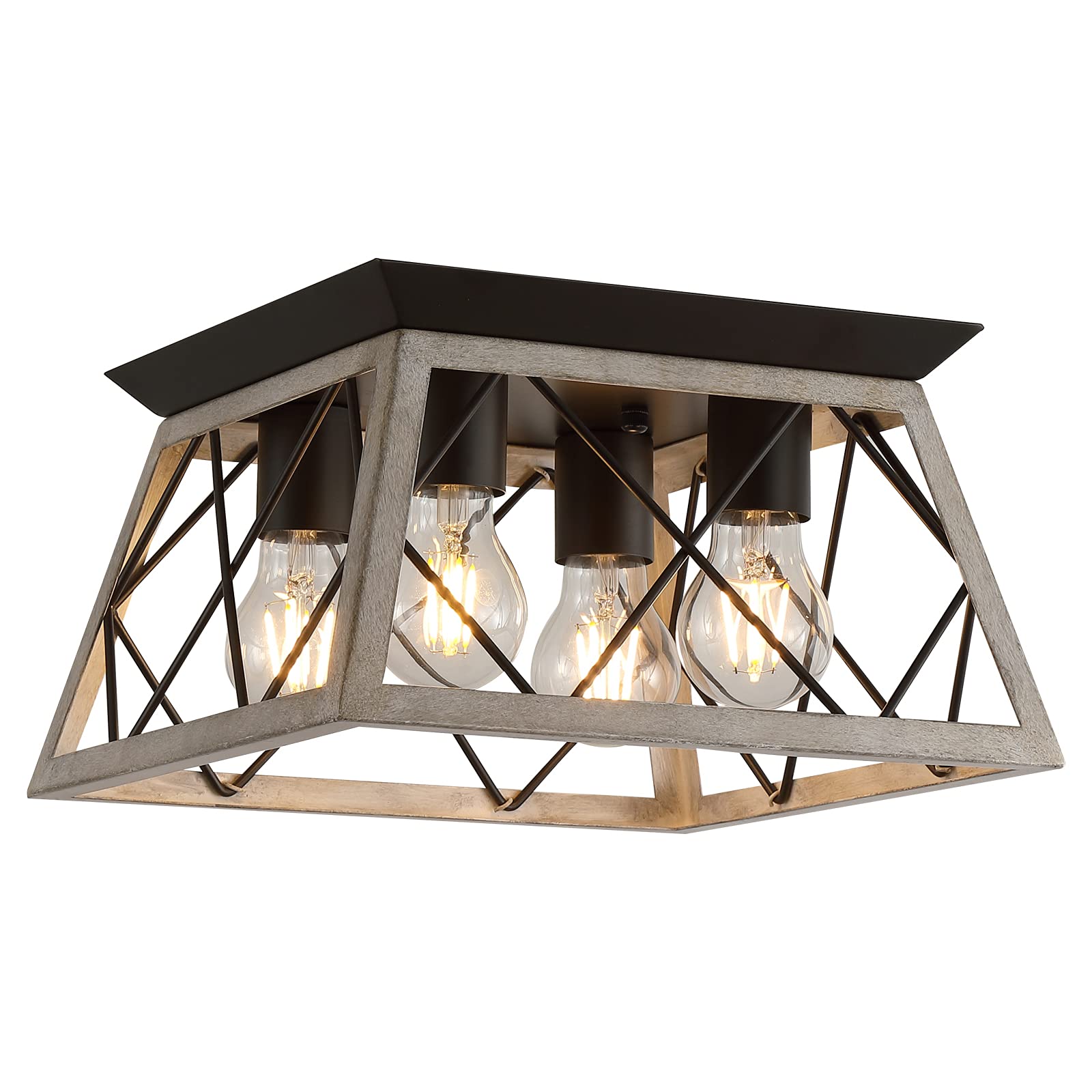 Q&S 4-Light Oak Farmhouse Ceiling Light - Vintage Rustic Semi Flush Mount For Home & Dining Room