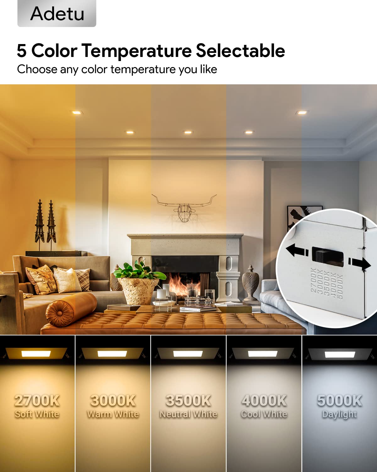 Adetu 6 Inch Square LED Recessed Lighting, Dimmable 5CCT, 14W, ETL Certified, White - 1 Pack