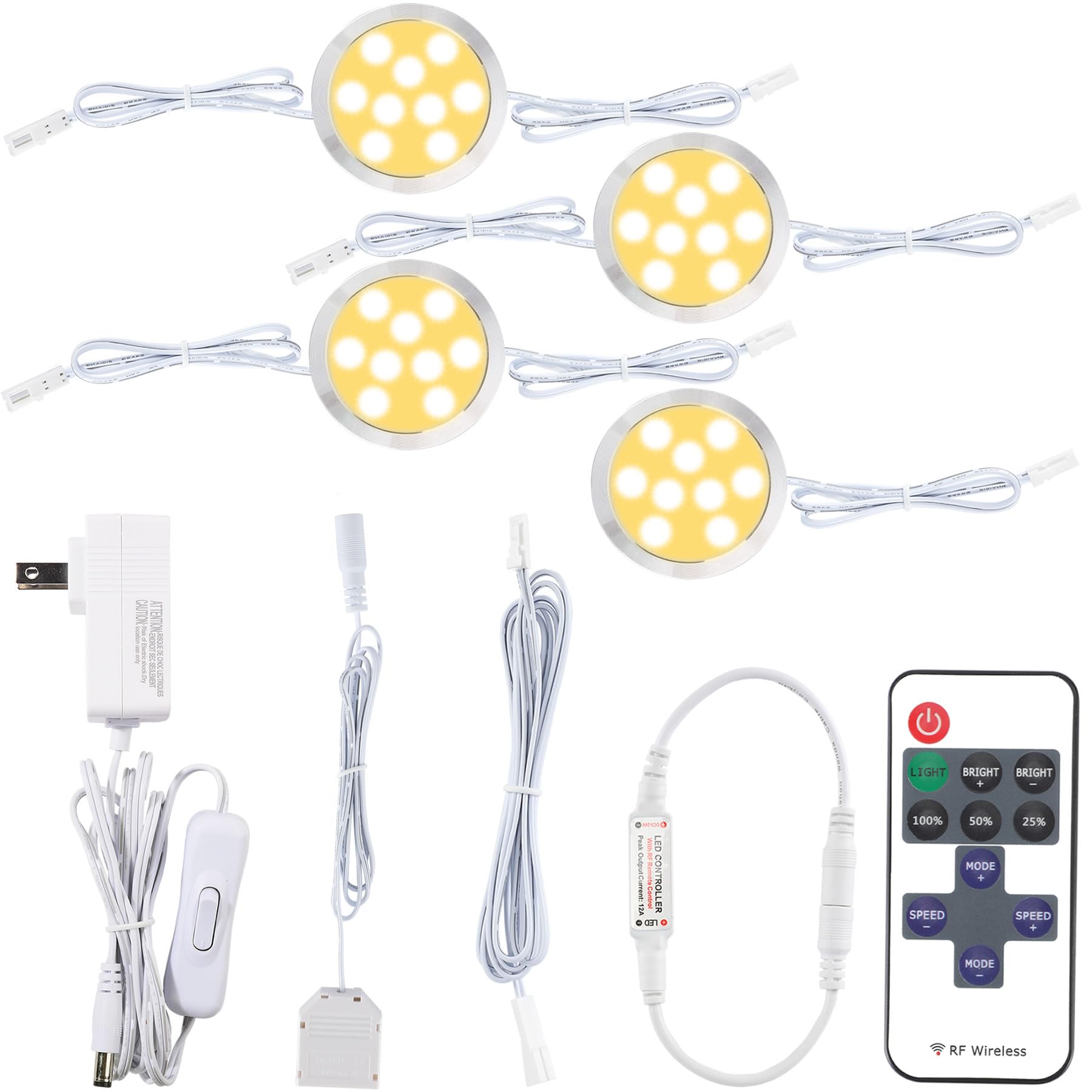 Meigour Wired LED Puck Lighting Kit, Wireless Remote Control Dimmable Under Bookcase Display Shelves Lights, 110 Volt Wall Plug