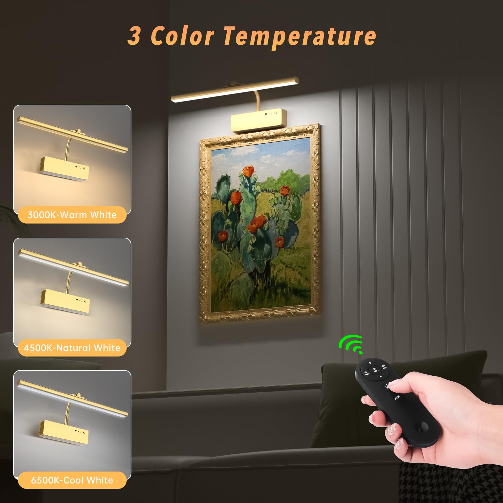 Picture Light With Remote, 15.35Inch Wireless Rechargeable Battery Wall Light For Paintings, 3 Colors Paintings Light Dimmable And Timer Metal Art Light For Display, Wall, Artwork, Gallery (Gold) 2Pcs