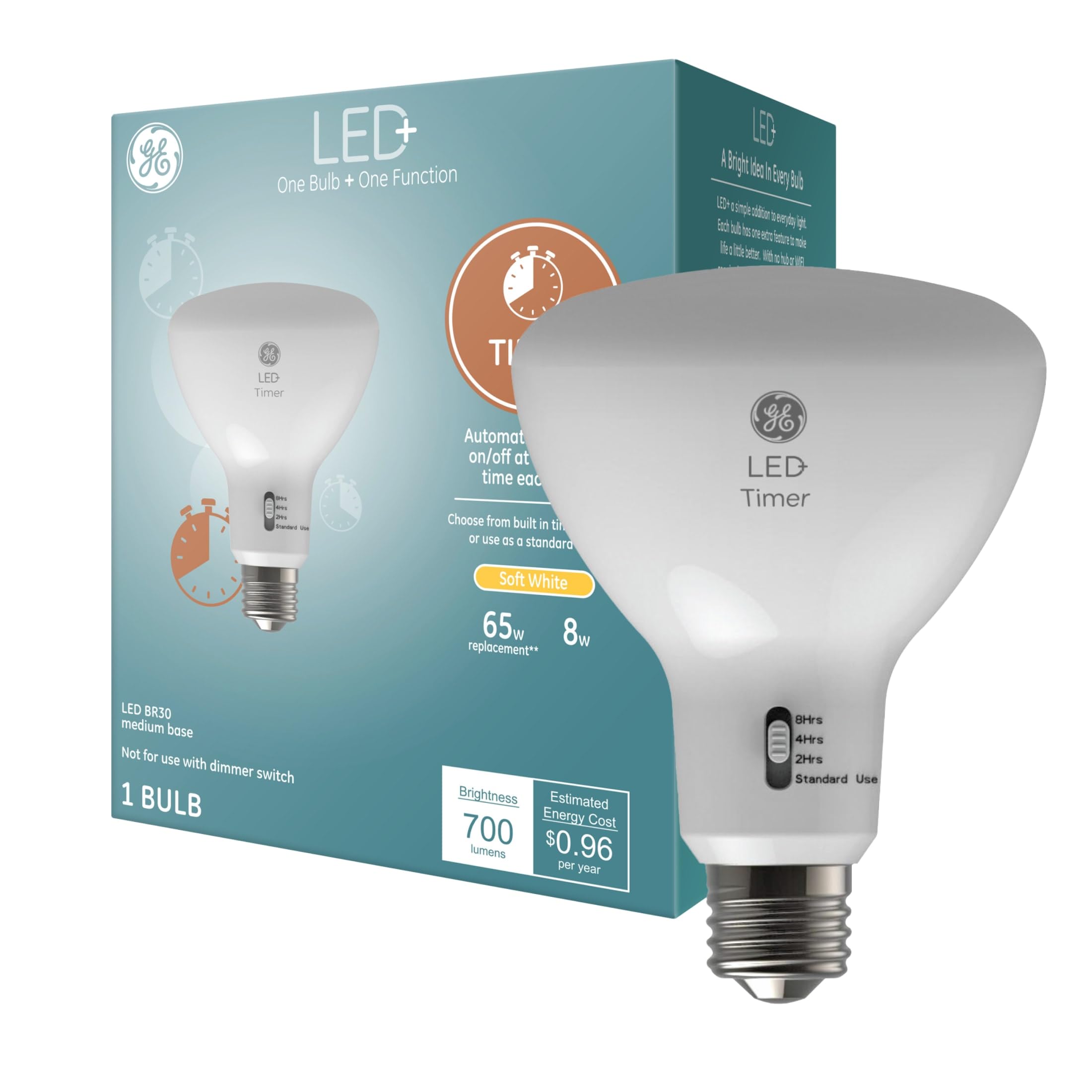 Ge Led+ Timer Br30 Led Light Bulbs, Built-In Automatic Indoor Timer Light, 8W, Soft White (1 Pack)