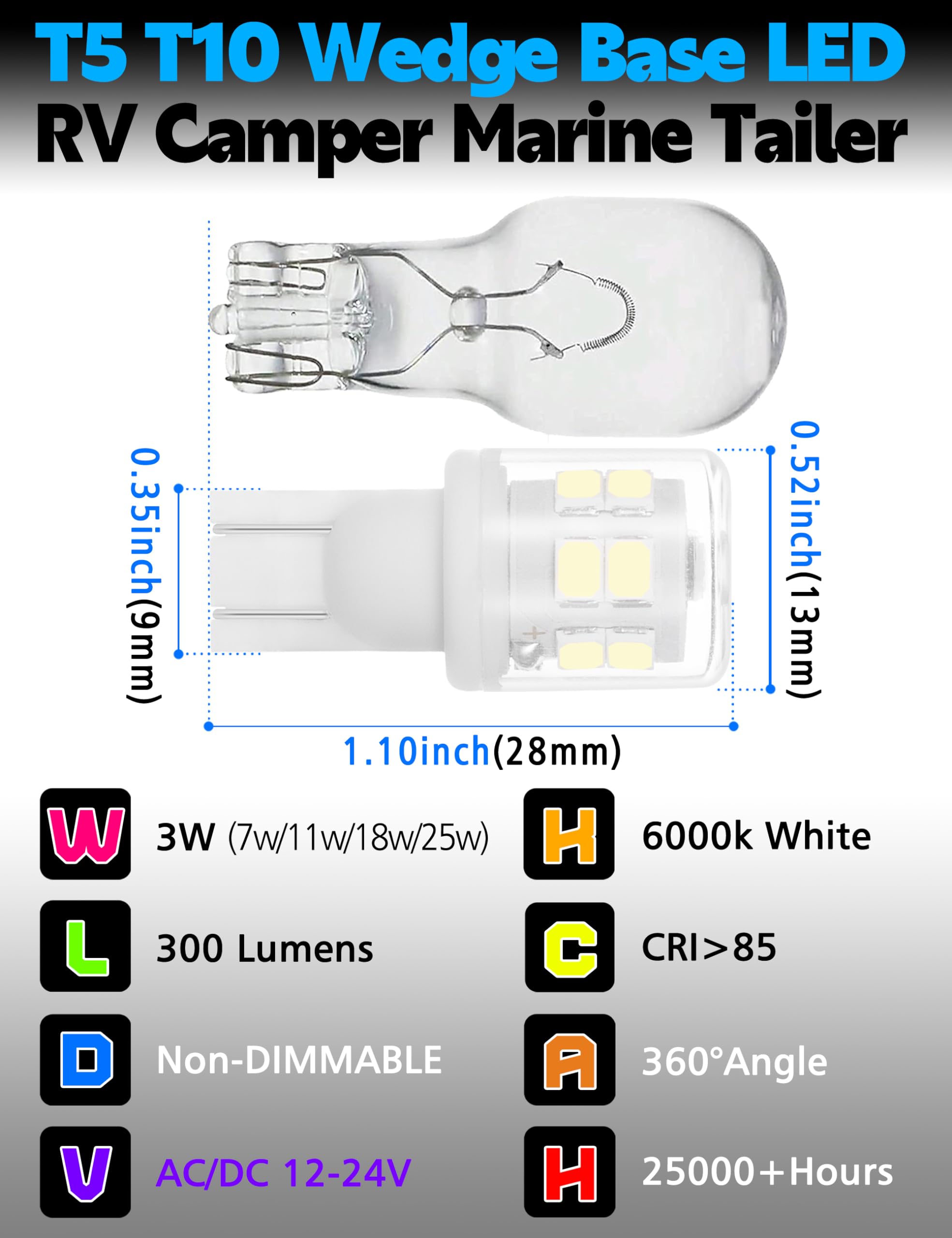 T5 T10 Wedge Base Led Bulbs 12-24V Low Voltage Landscape, 3W 300Lm Equivalent To 30W Halogen, 6000K Daylight White For Interior