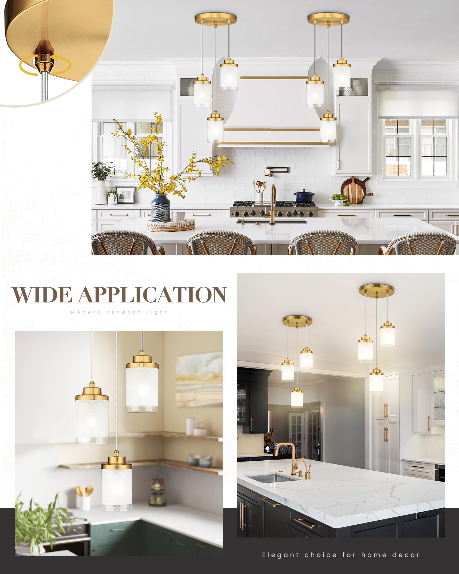 Tengxin Pendant Lights,3-Light Brushed Gold Pendant Light For Kitchen Island,Hanging Lamp Ceiling Light Fixture,Glass Pendant Li