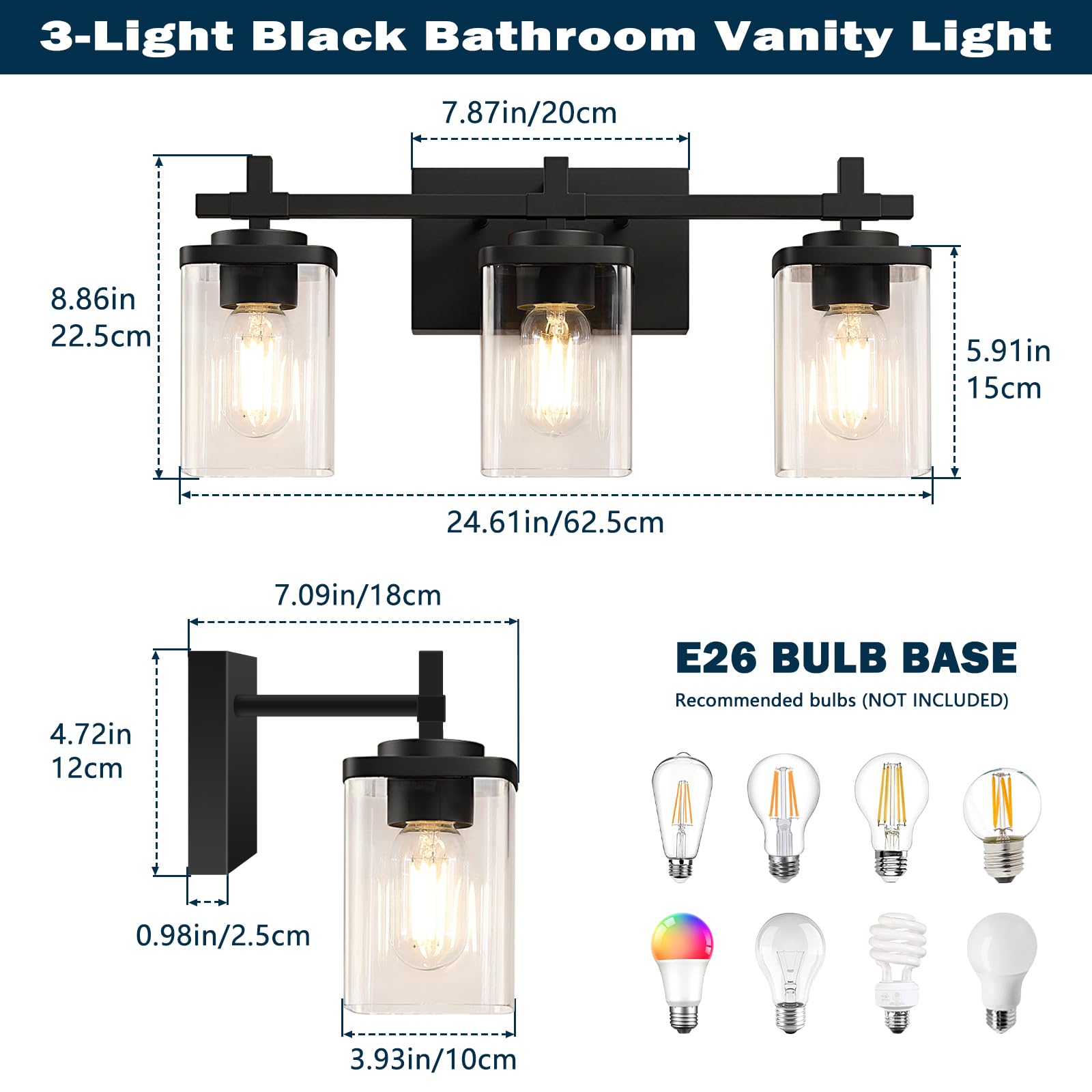 Spiglamm 3-Lights Bathroom Vanity Light Fixtures, Modern Black Vanity Lights Over Mirror With Clear Glass Shade For Bathroom, Wa