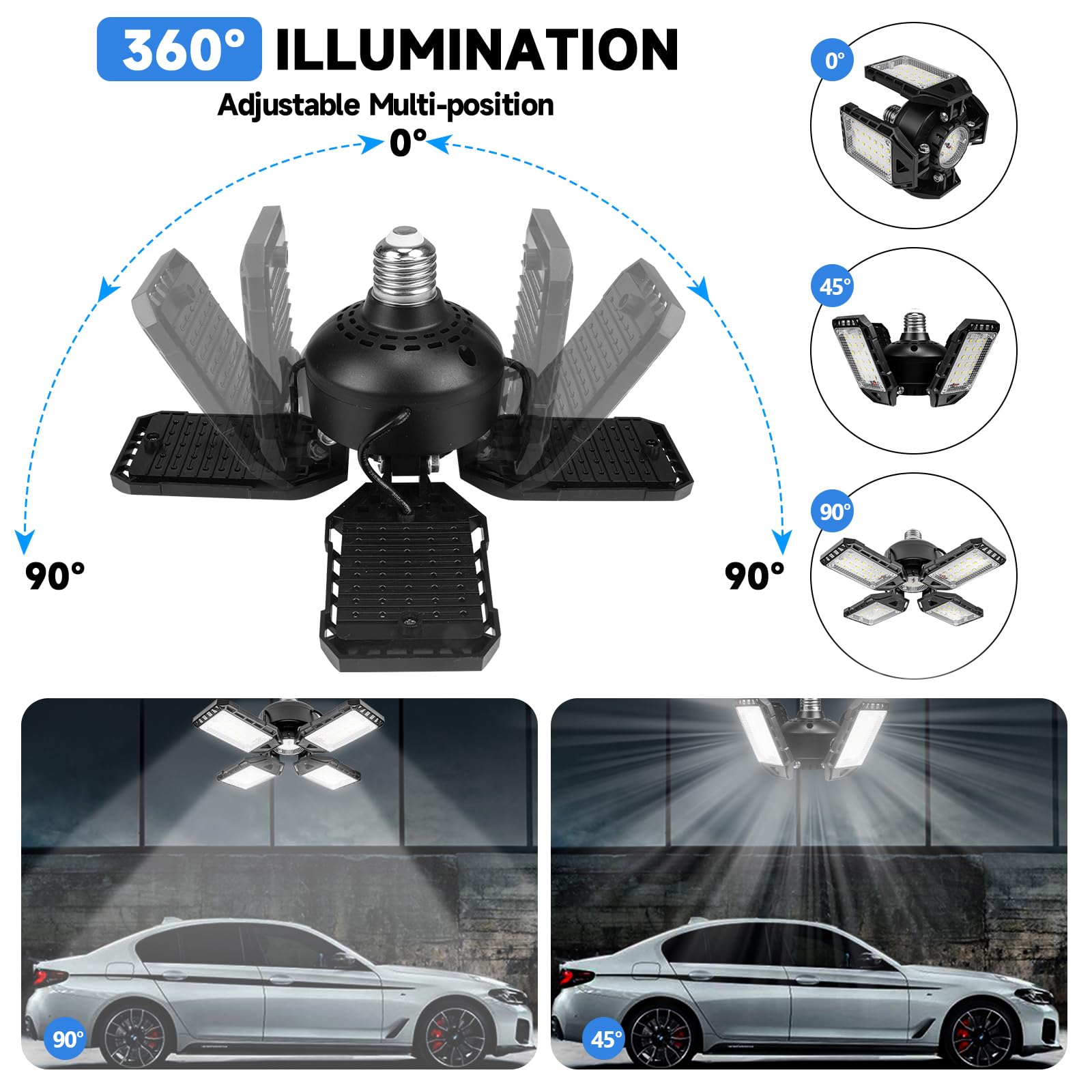 Aoretic Led Garage Lights Bulb 2 Pack - 120W, 12000Lm 6500K Led Shop Light With 4+1 Deformable Panels, Basement Barn Light, E26/