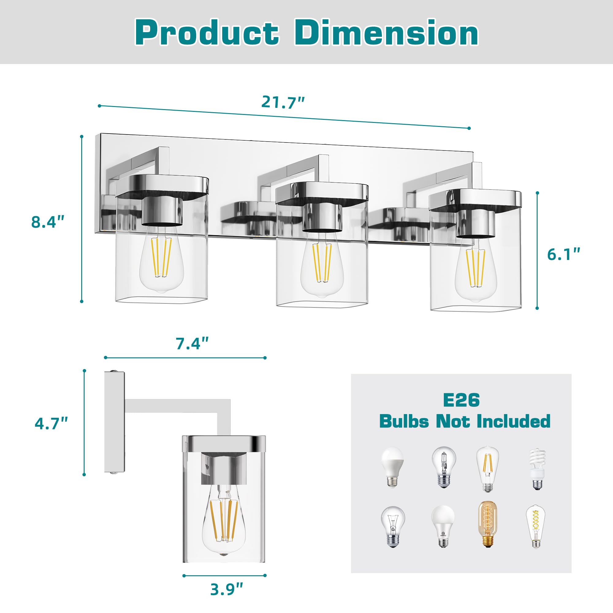 Danshinro 3-Light Brushed Nickel Bathroom Vanity Light Fixture, Modern Design with Clear Glass Shades, Model L23-3-NL
