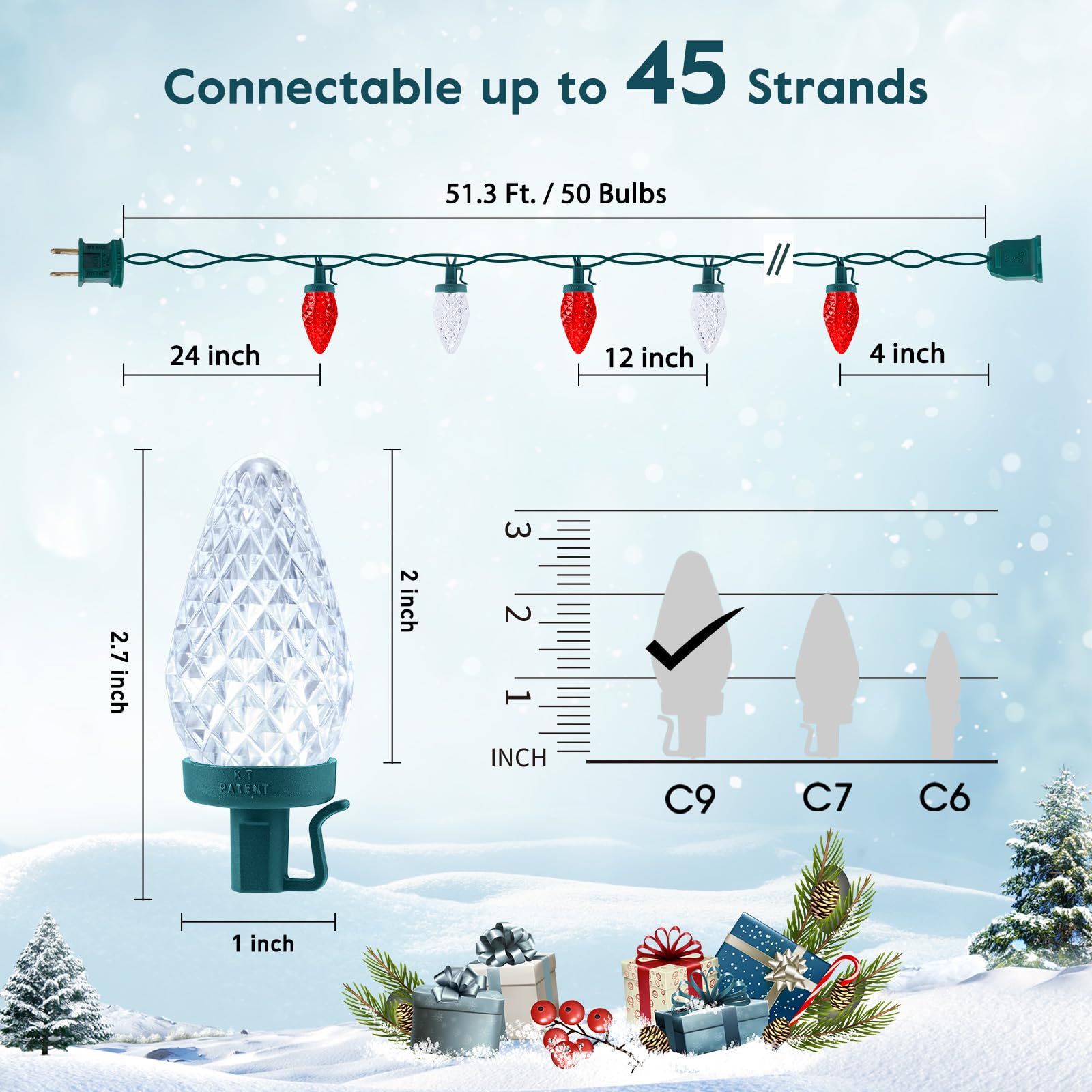 Moonflor C9 LED Christmas Lights, 50ft Waterproof Strawberry String Lights, Red & Pure White, 50 LEDs, Commercial Grade