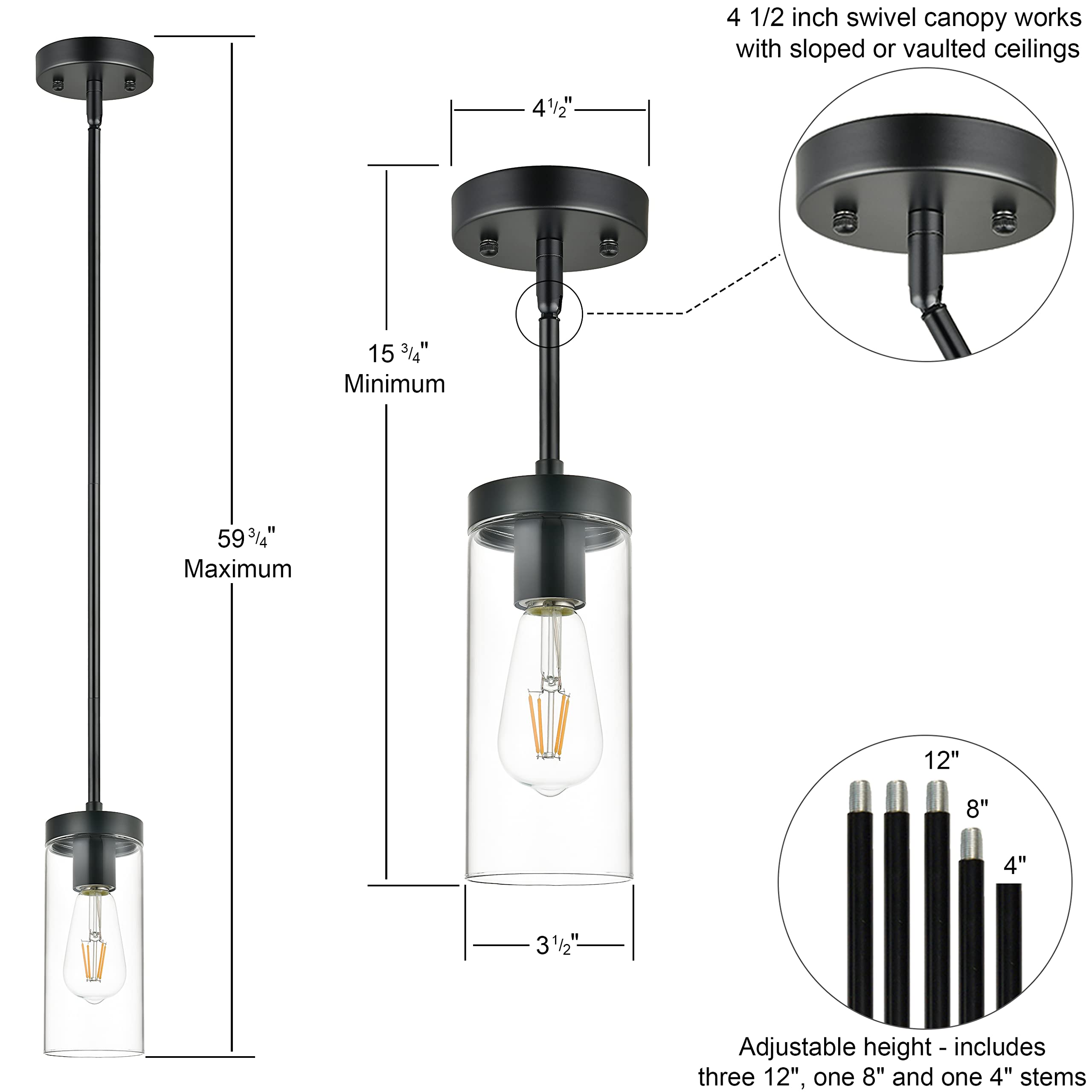 CATAHOTA Milano 1-Light Matte Black Pendant Lights, Kitchen Pendant Light Fixture Over Sink, Dining Table, Indoor Pendant Light