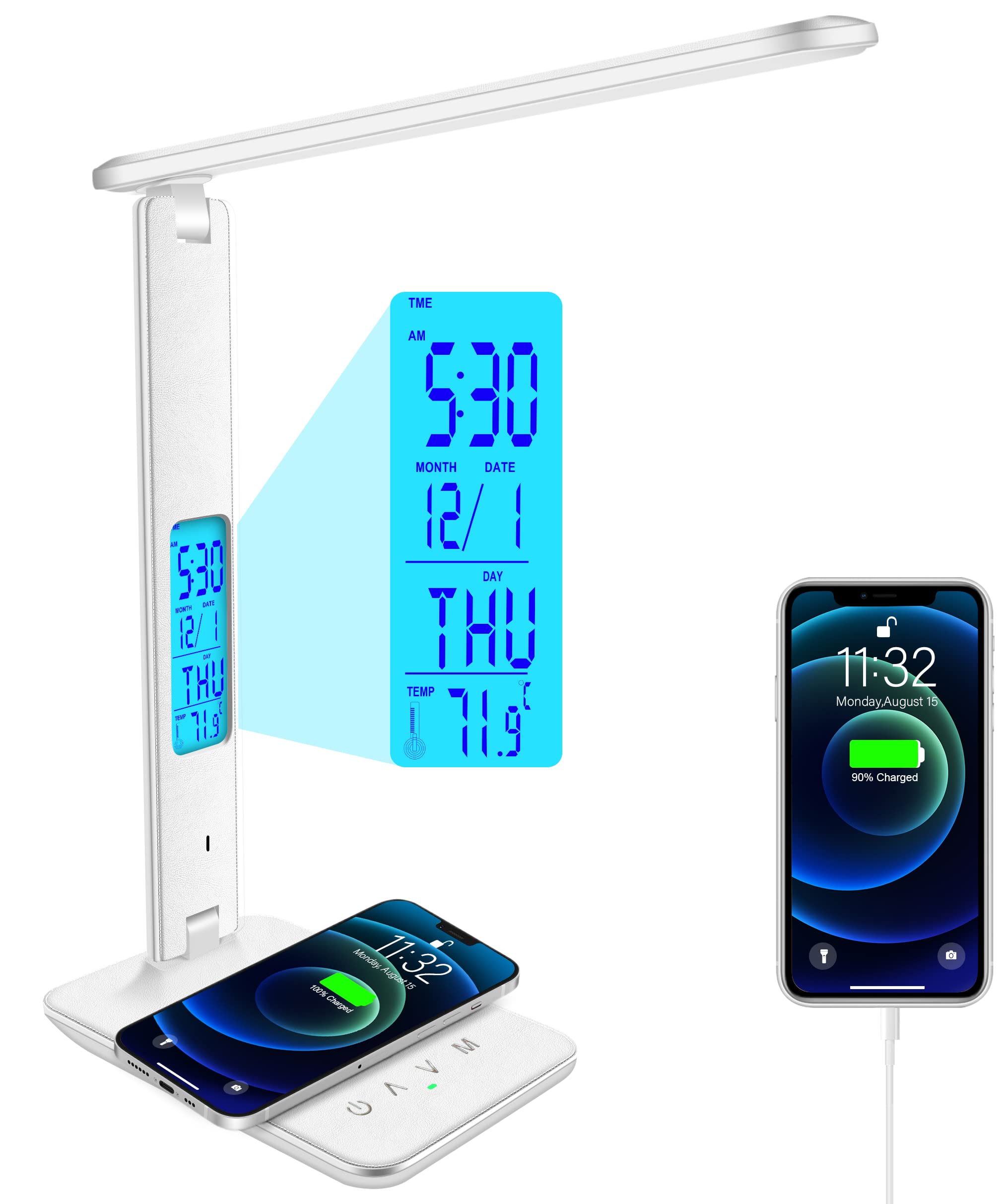 Snsok Desk Lamp With Wireless Charger, Usb Port, Dimmable Light & Clock - White