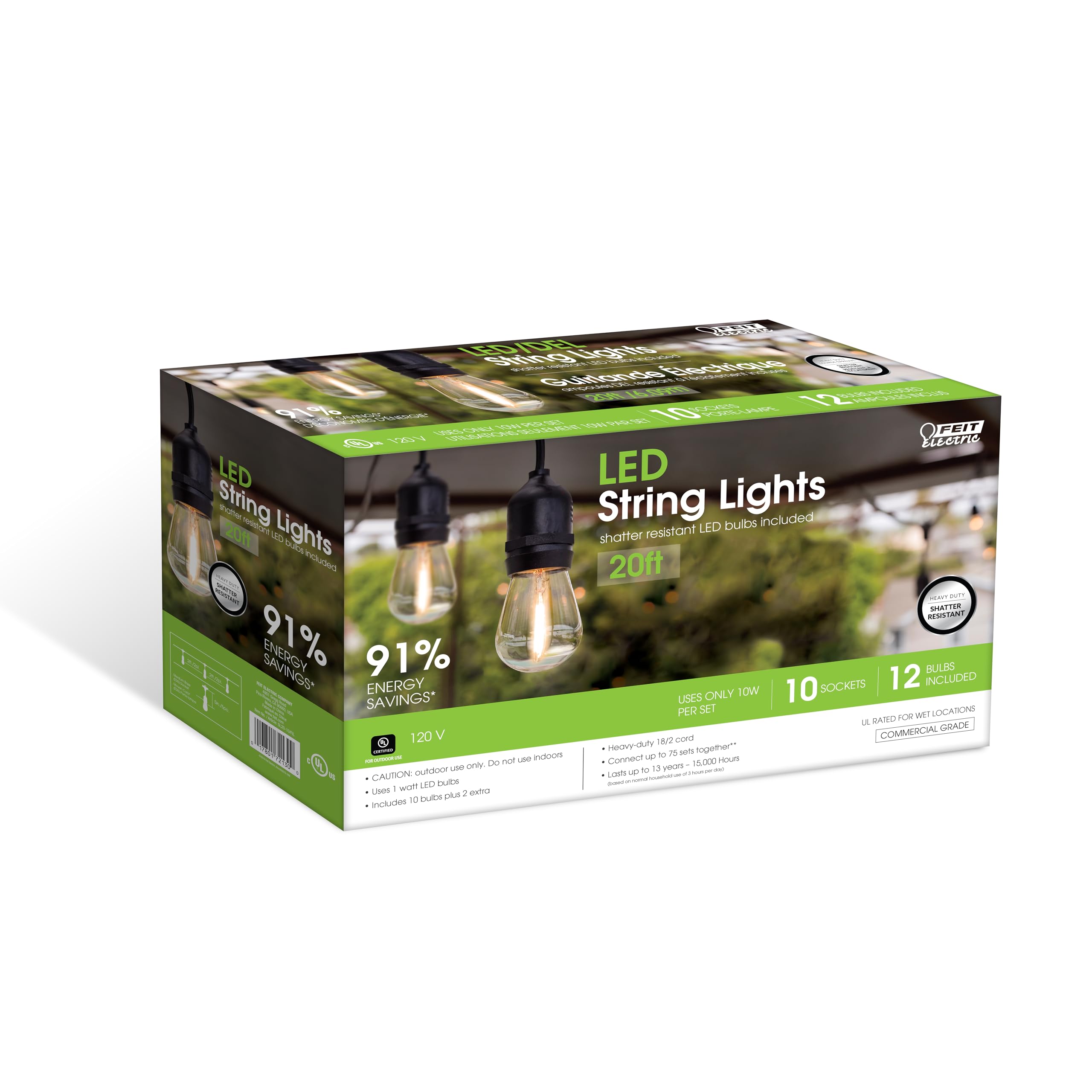 Feit Electric LED String Lights, 20ft, 10 Sockets, Shatter Resistant, Wet Rated, 2200K Warm White, Model SL20-10/FIL
