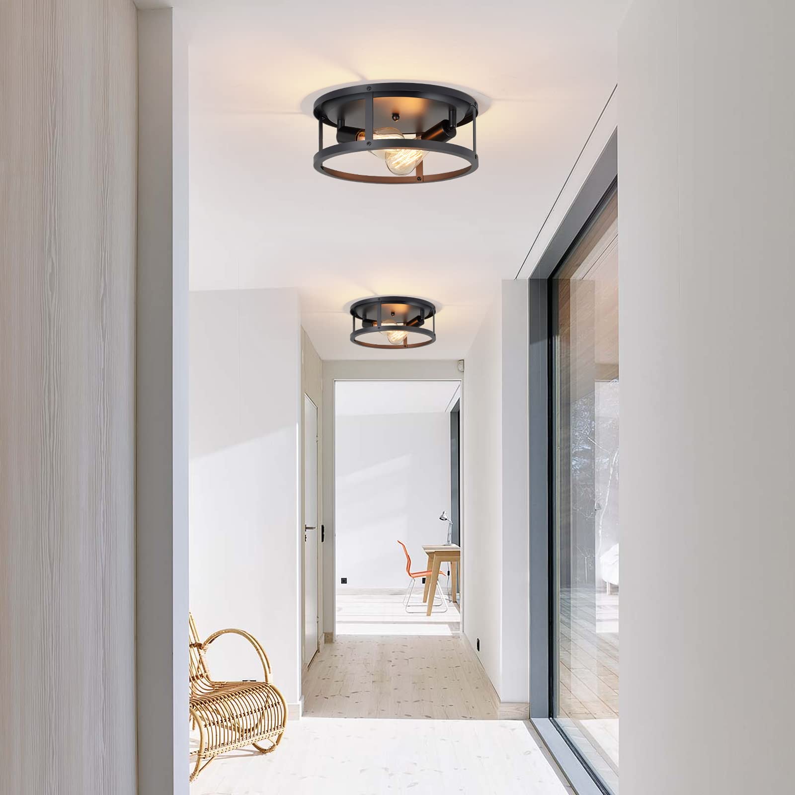 XPEHK Flush Mount Ceiling Light Fixture, 2-Light Matte Black, 13 Inch, Industrial Farmhouse Style for Kitchen, Dining Room, Entryway