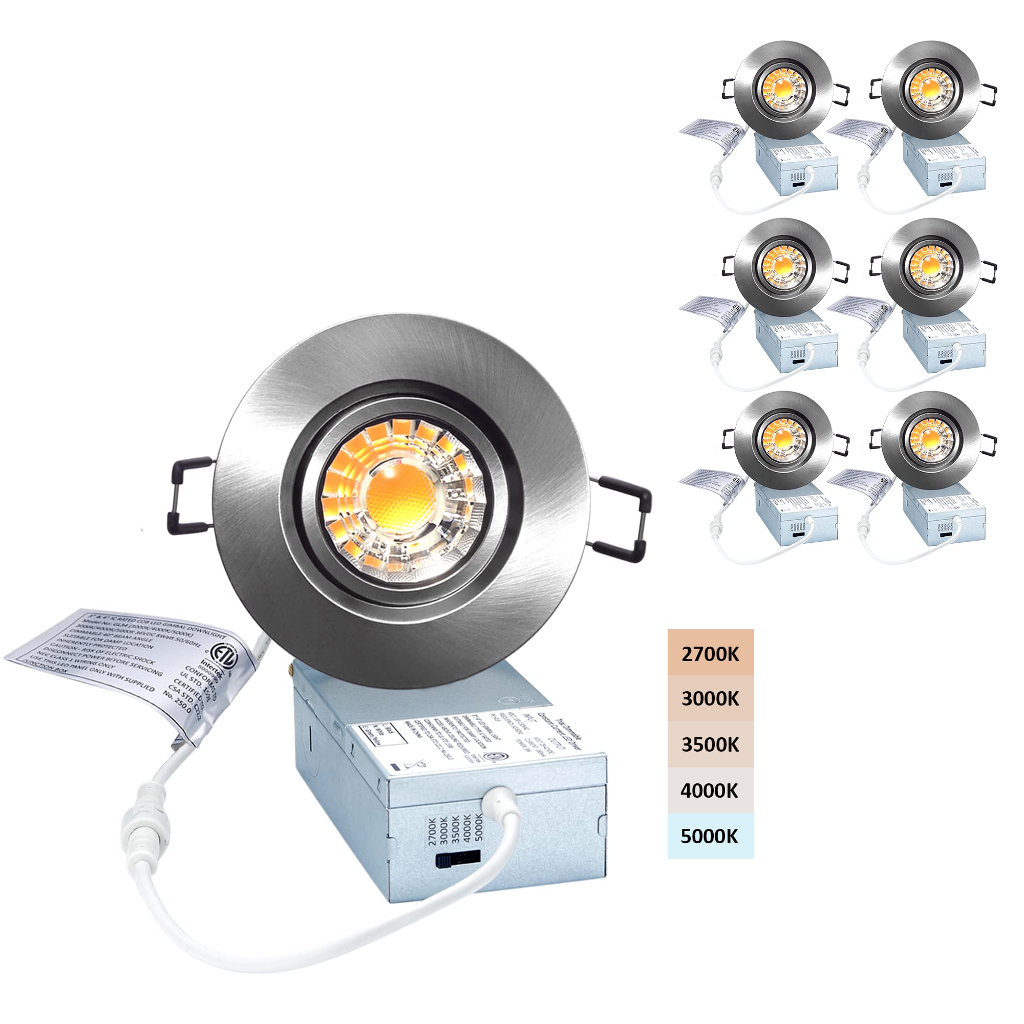 POPANU Canless Recessed Gimbal Downlight, Dimmable 8W, 5 CCT, 3 Inch, Brushed Nickel, Model cfb6242f-f36