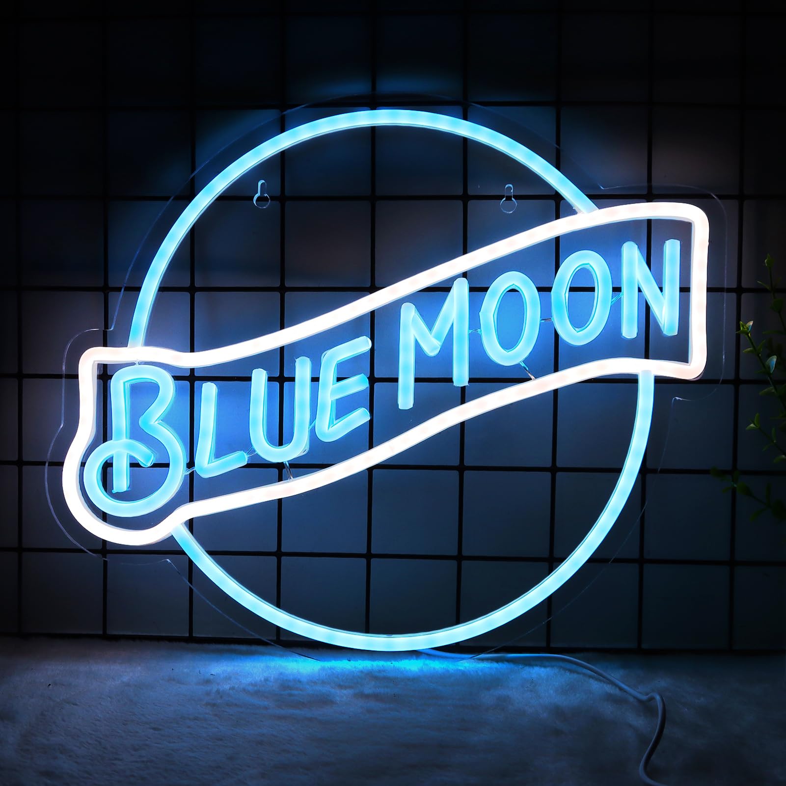 JFLLamp Neon Sign Blue Moon 14 x 12.2 Inch Glass Wall Decor for Bedroom, Man Cave, Bar, Pub, Restaurant, USB Power, Azure+White