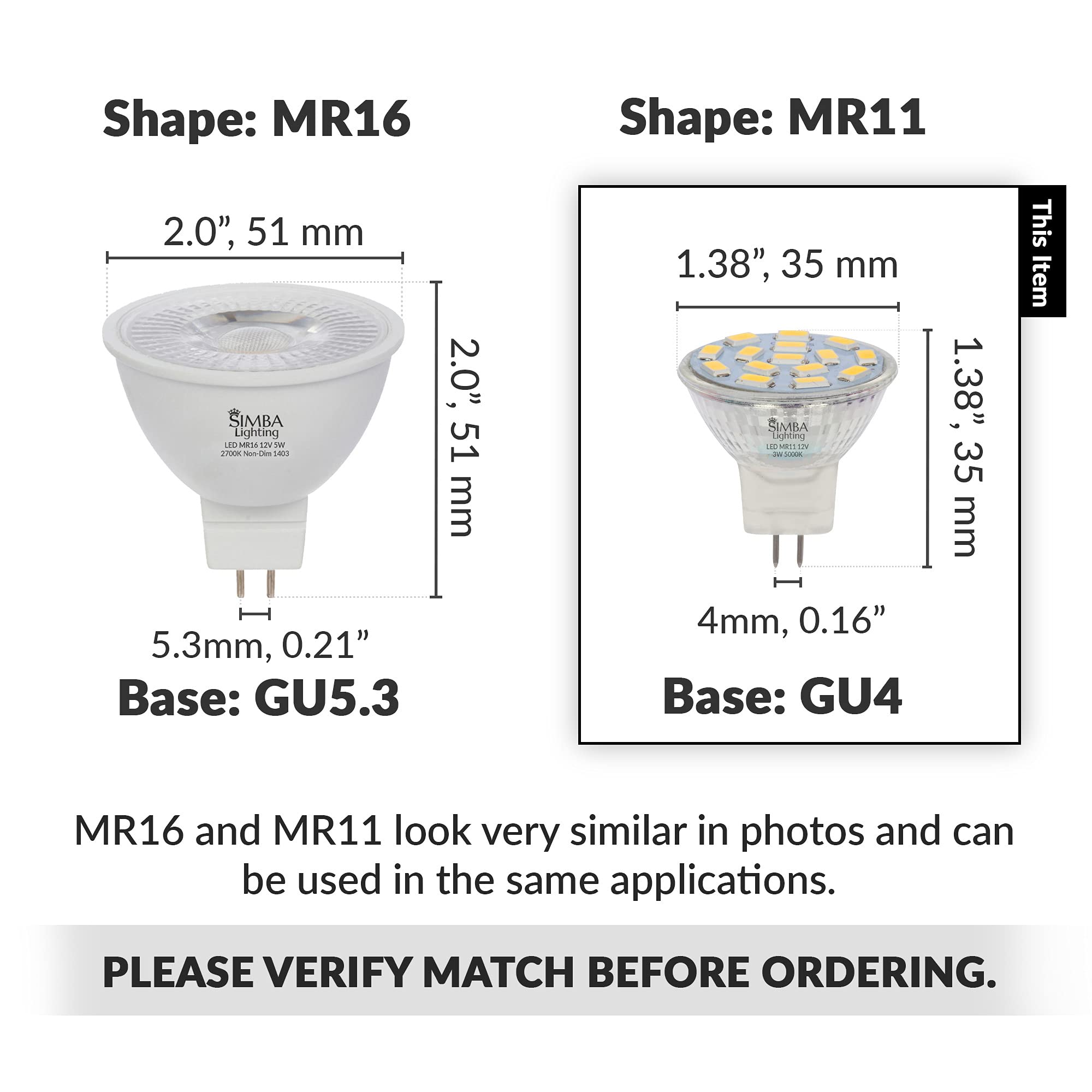Simba Lighting LED MR11 Flood Light Bulbs, GU4 Bi-Pin Base, 12V 3W, 240lm, 10 Pack, 5000K Daylight