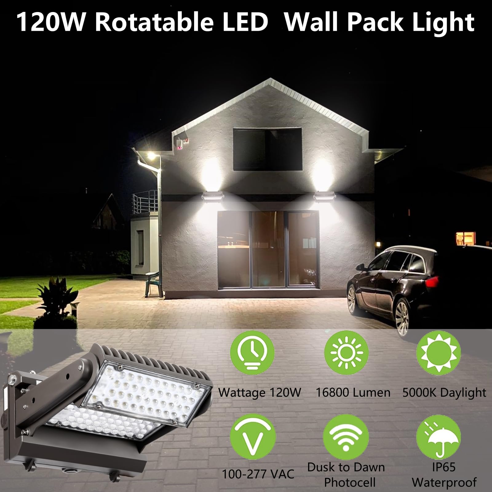ECCFUTLL 120W LED Wall Pack Light, 5000K, 16800LM, Adjustable Head, Brown, Model RWP120W2PACK