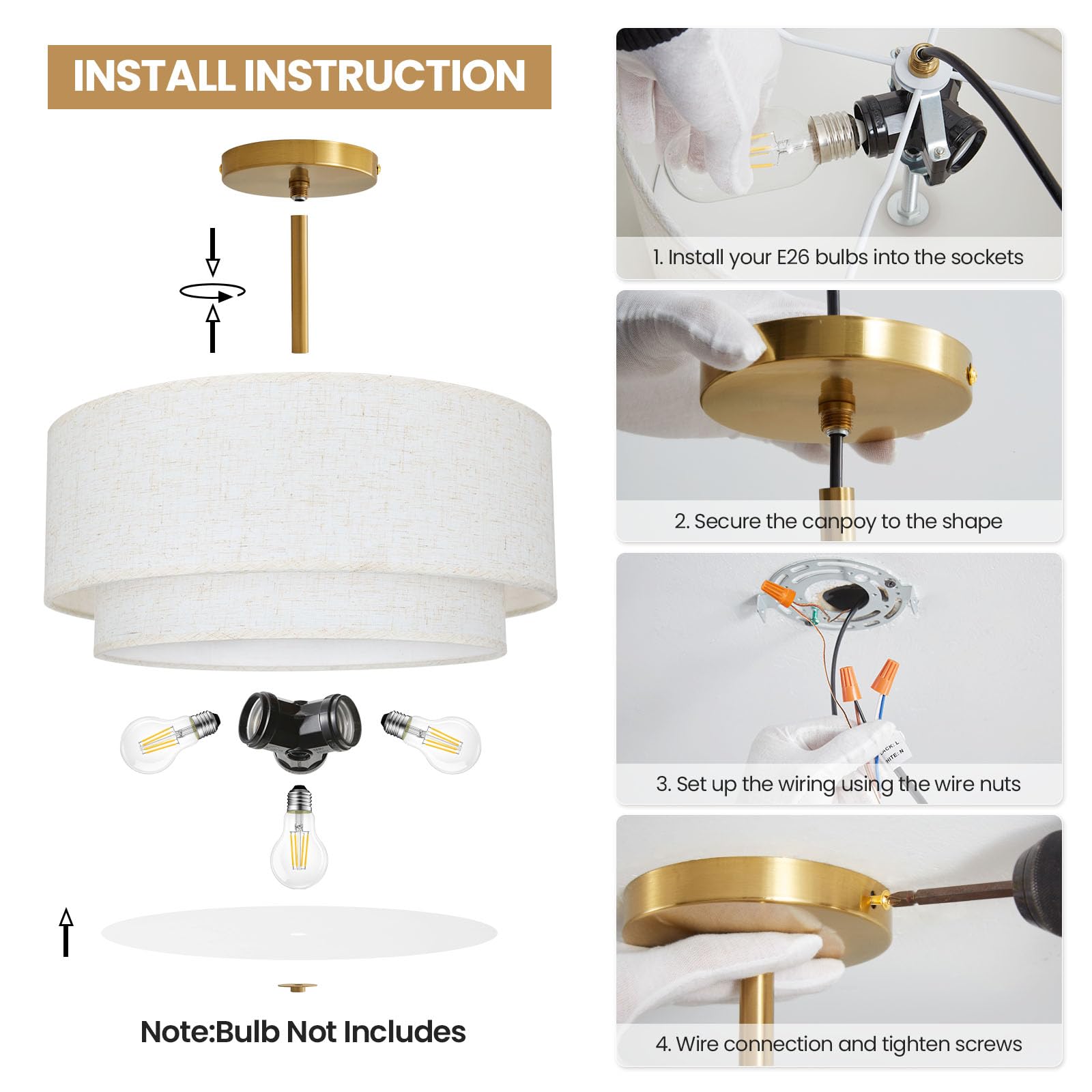 Dgroositon Double Drum 3-Light Semi Flush Mount Ceiling Light, 16" Gold Brass with Fabric Linen Shade for Living Room, Bedroom, Dining Room