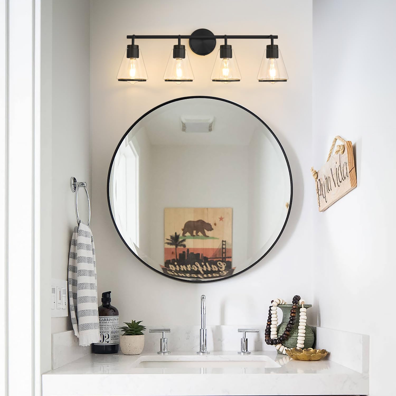 Nadosa Black Bathroom Light Fixtures 4 Light Bathroom Vanity Lights Over Mirror With Clear Glass Shade, 30 Inch Vanity Lights For Bathroom Modern Wall Sconce Lighting (Exclude E26 Bulb)