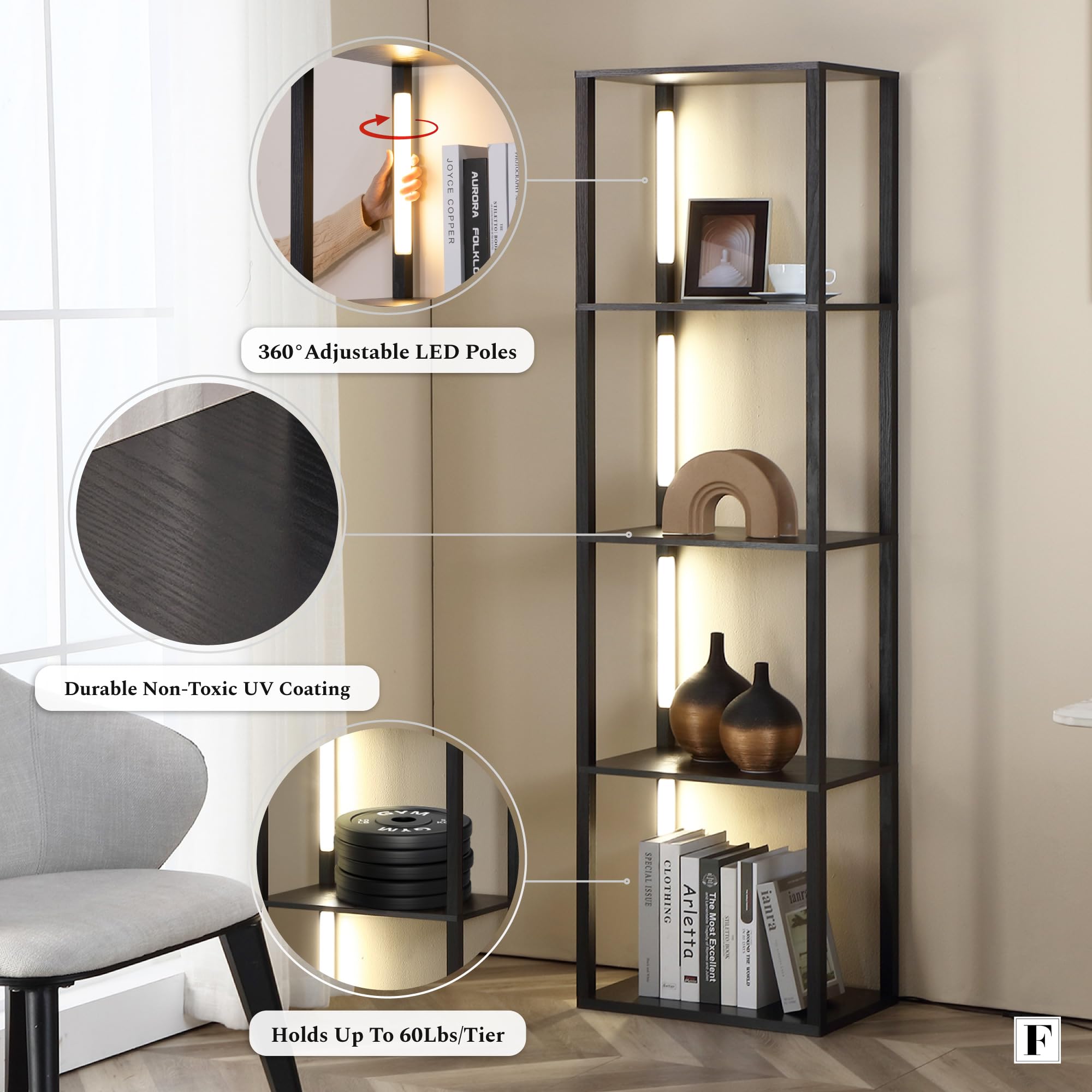 Fenlo Fancy Plus Pro - Led Display Shelf With Dimmable Lights, Led Floor Lamps For Living Room, Sturdy Corner Shelf Curio Cabine