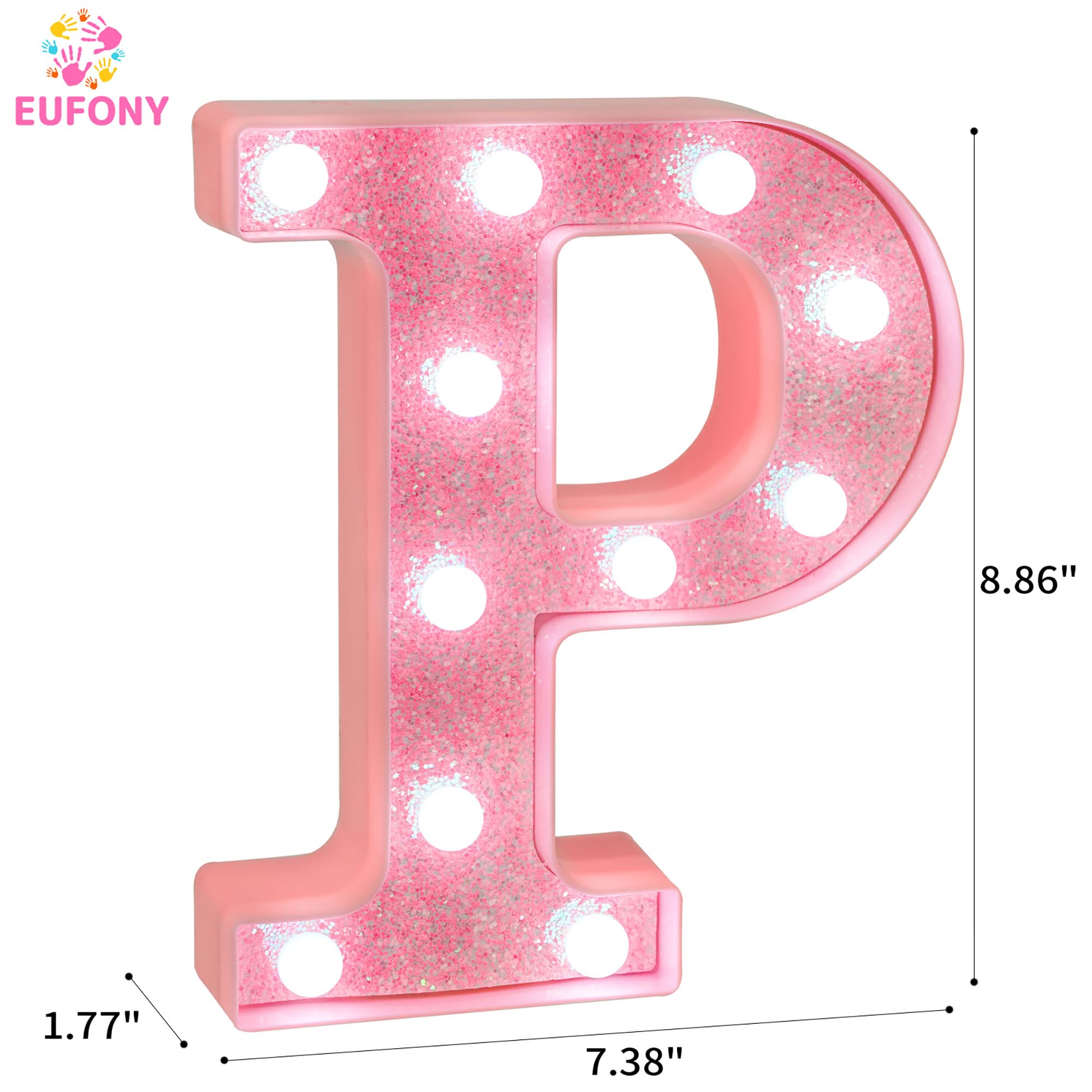 EUFONY Pink Glitter LED Marquee Light Up Letter P with Cool White Lights, Battery-Powered Alphabet Letter Sign for Girls Gift, B