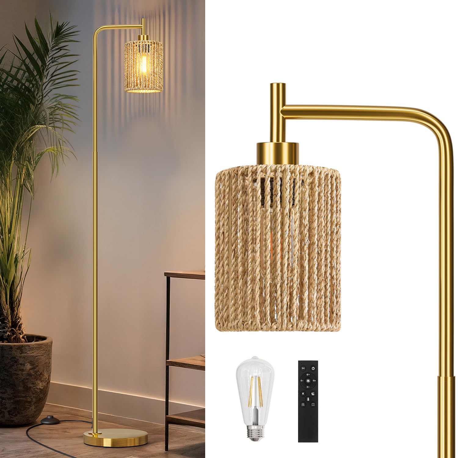 Oneach 66 Gold Floor Lamp for Living Room, Boho Floor Lamp with Remote Control and LED Bulb, Rattan Shade, Industrial Tall Farmh