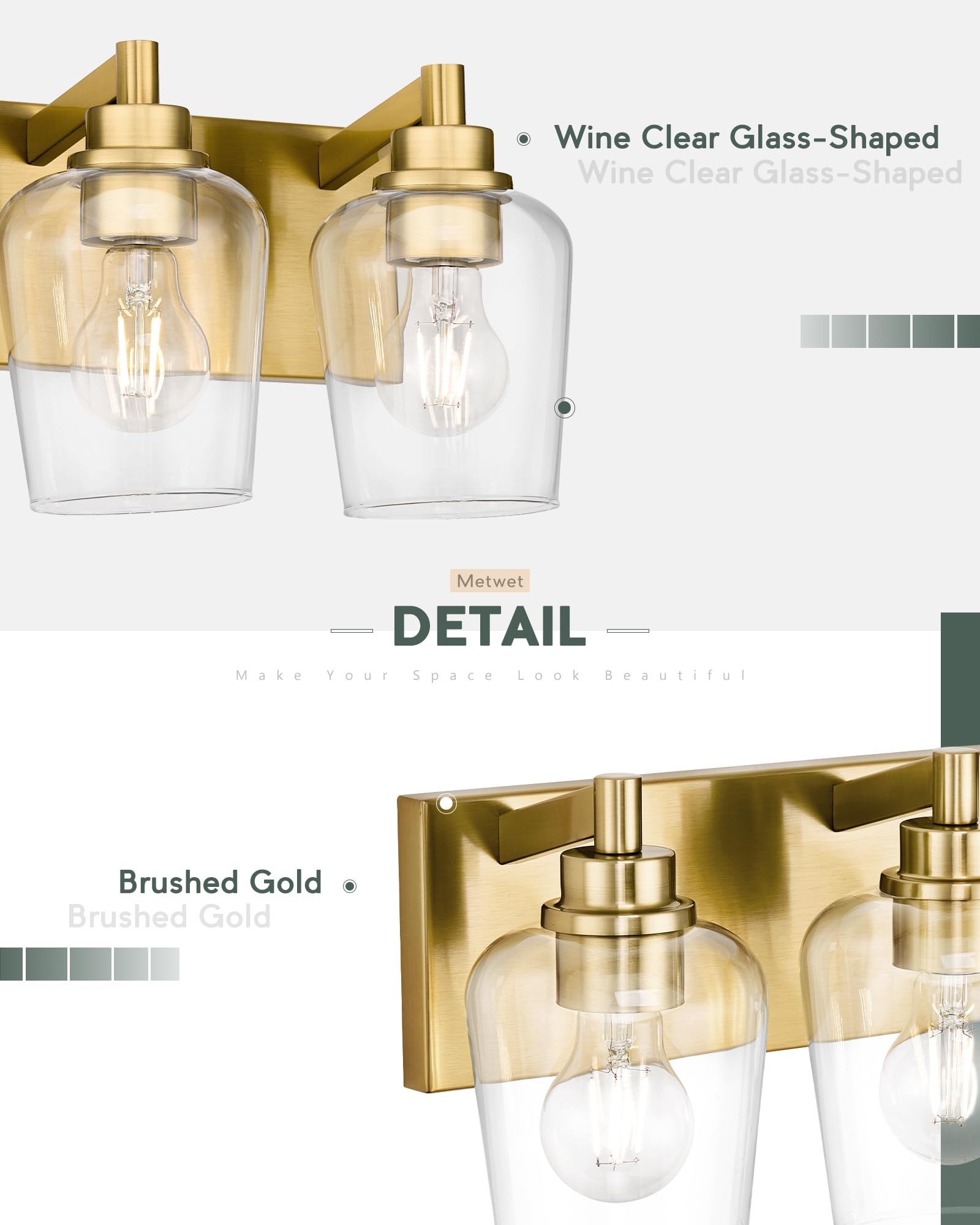 Metwet Bathroom Light Fixtures  3-Light Modern Vanity Light With Clear Glass Wine Glass-Shaped Shade  Vanity Lighting Fixtures Over Mirror  Brushed Gold  Vl155-Bg-3