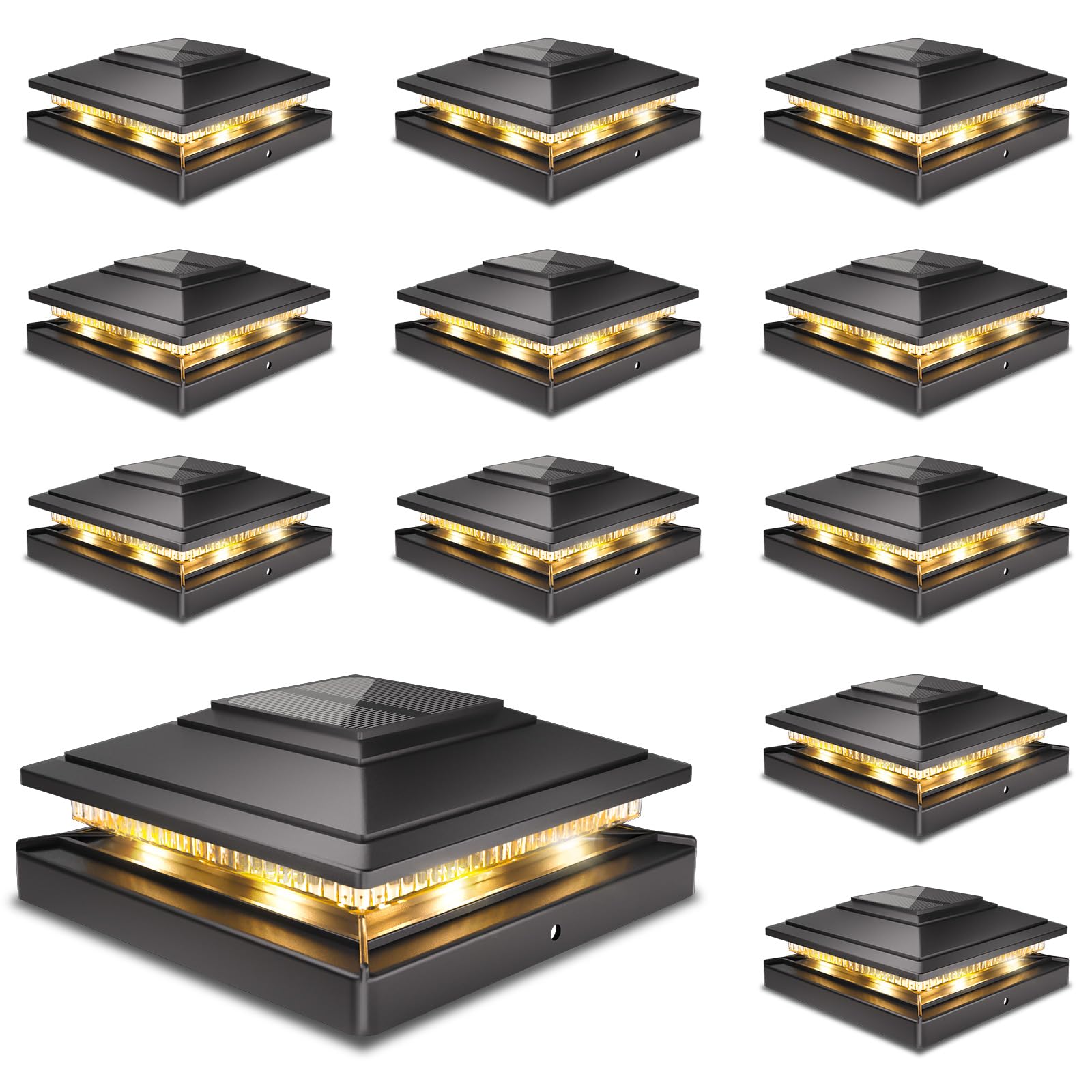 Solar Post Cap Lights Outdoor 12pack, Waterproof Fence Post Lights for 4x4 5x5 6x6 Wood/Vinyl Posts, Black Solar Deck Post Light