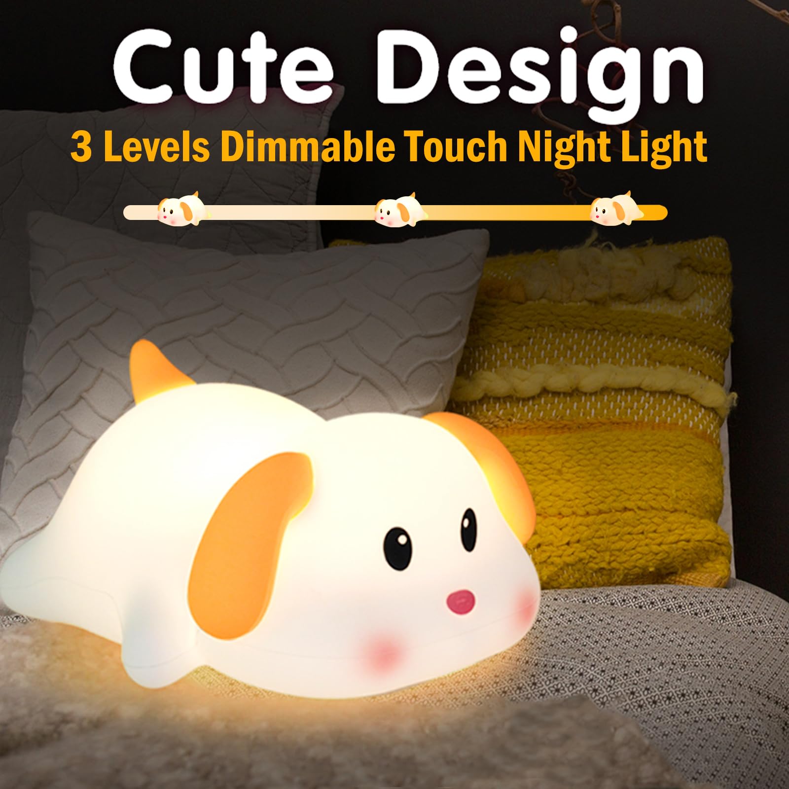 iLAFFUS Night Light for Kids Lamp, Cute Dog Lamp,3 Level Dimmable Baby Night Lights for Nursery,Silicone Rechargeable Nightlight