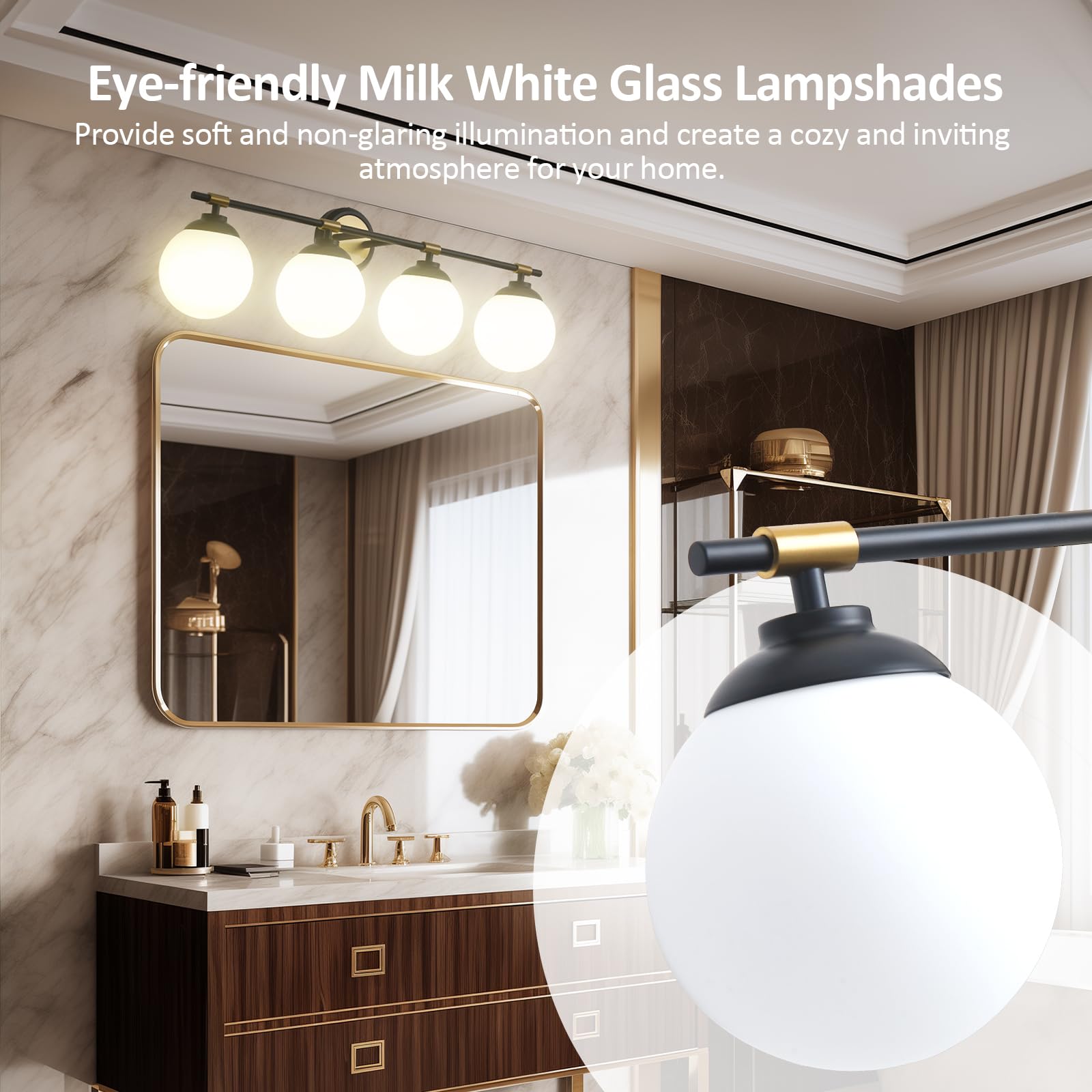 Rayogale 32 Inch Black Gold Bathroom Light Fixtures, 4 Light Vanity Lights Over Mirror, Modern Vanity Lights For Bathroom, Milk