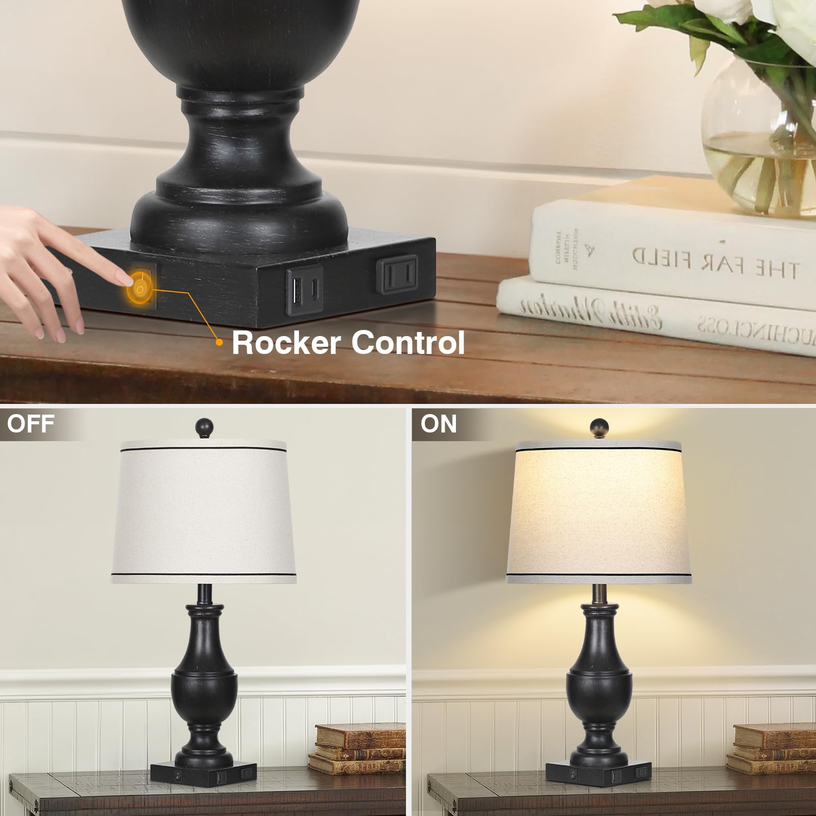 Lolikit Vintage Farmhouse Lamps Set of 2, 25" Black Rustic Table Lamps with USB Ports & AC Outlet, Antique Resin for Bedroom/Living Room