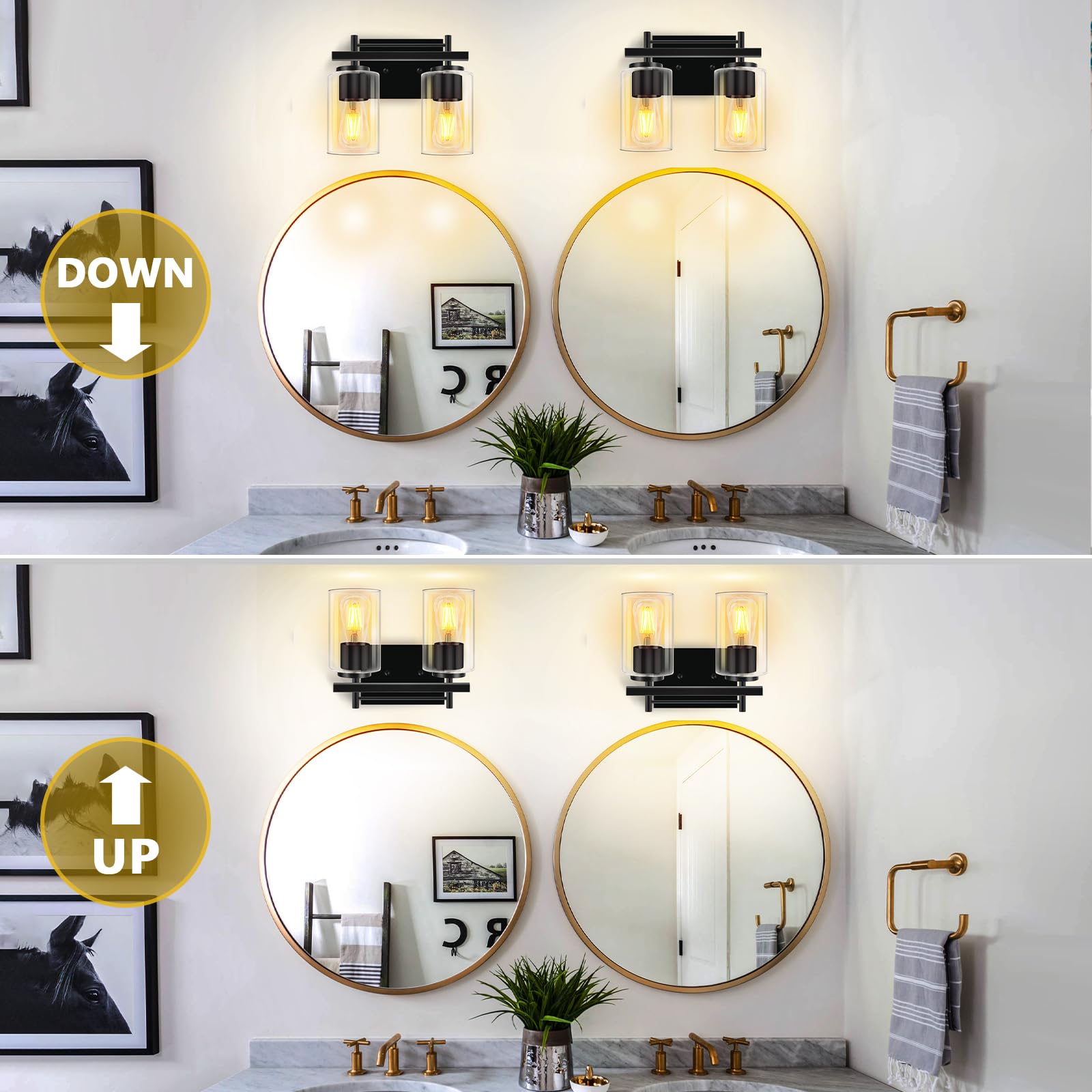 LWSOY Bathroom Vanity Light - 2-Lights, Vintage Wall Mounted, Metal, Black, Model YSD-02, 11 Inch Clear Glass Shade