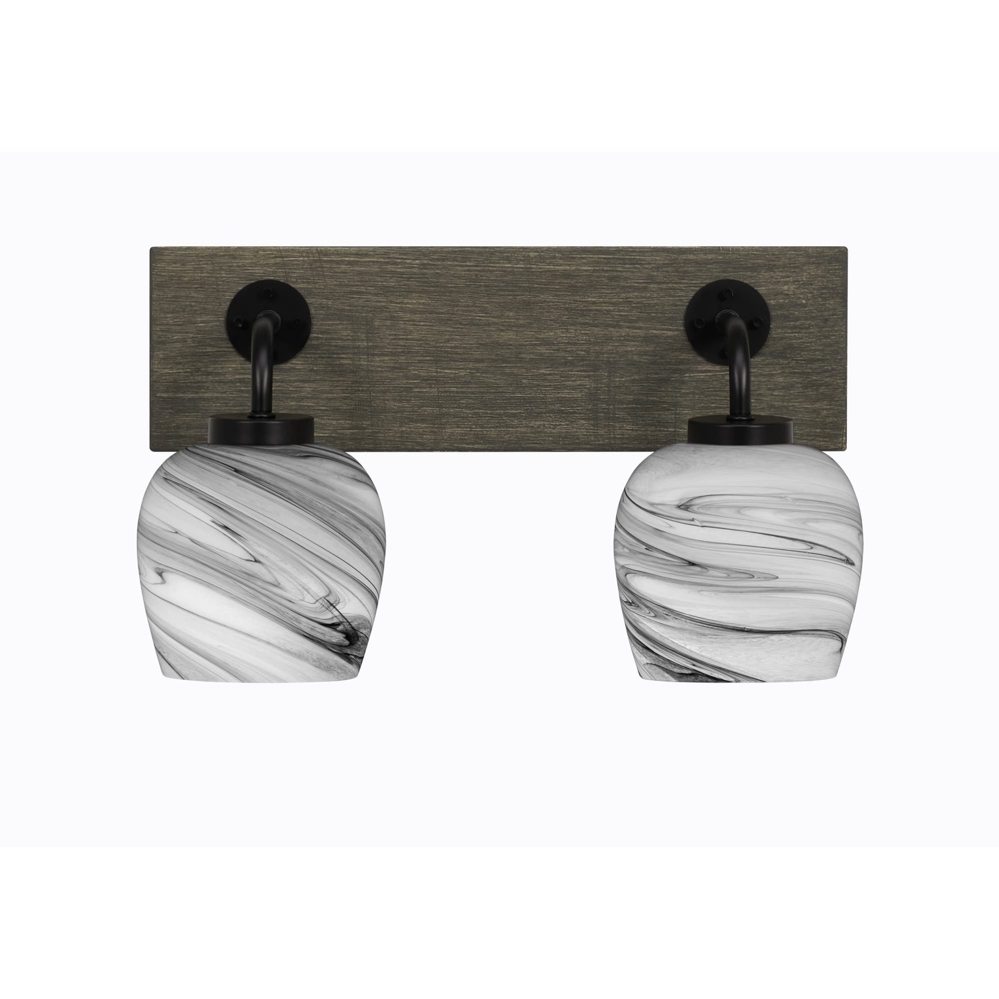 Oxbridge 2 Light Bath Bar In Matte Black & Painted Distressed Wood-Look Metal Finish With 6" Onyx Swirl Glass